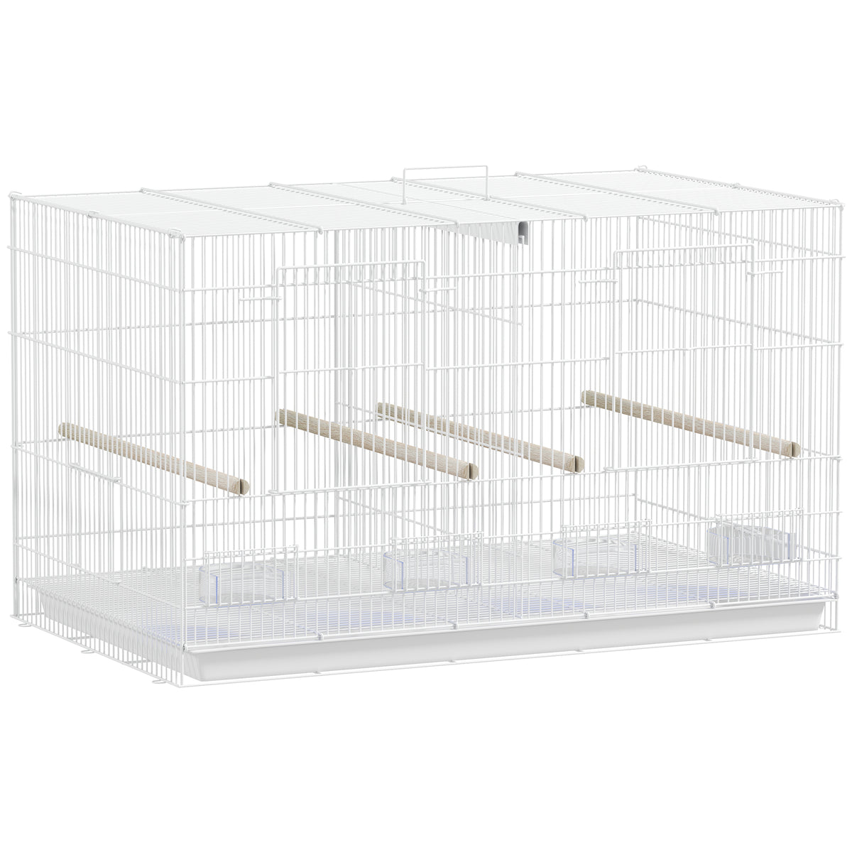 Cage à Oiseaux Volière Intérieur Acier avec Séparateur, 4 Perchoirs, Plateau Coulissant, 4 Mangeoires, 76x46x46cm, Blanc
