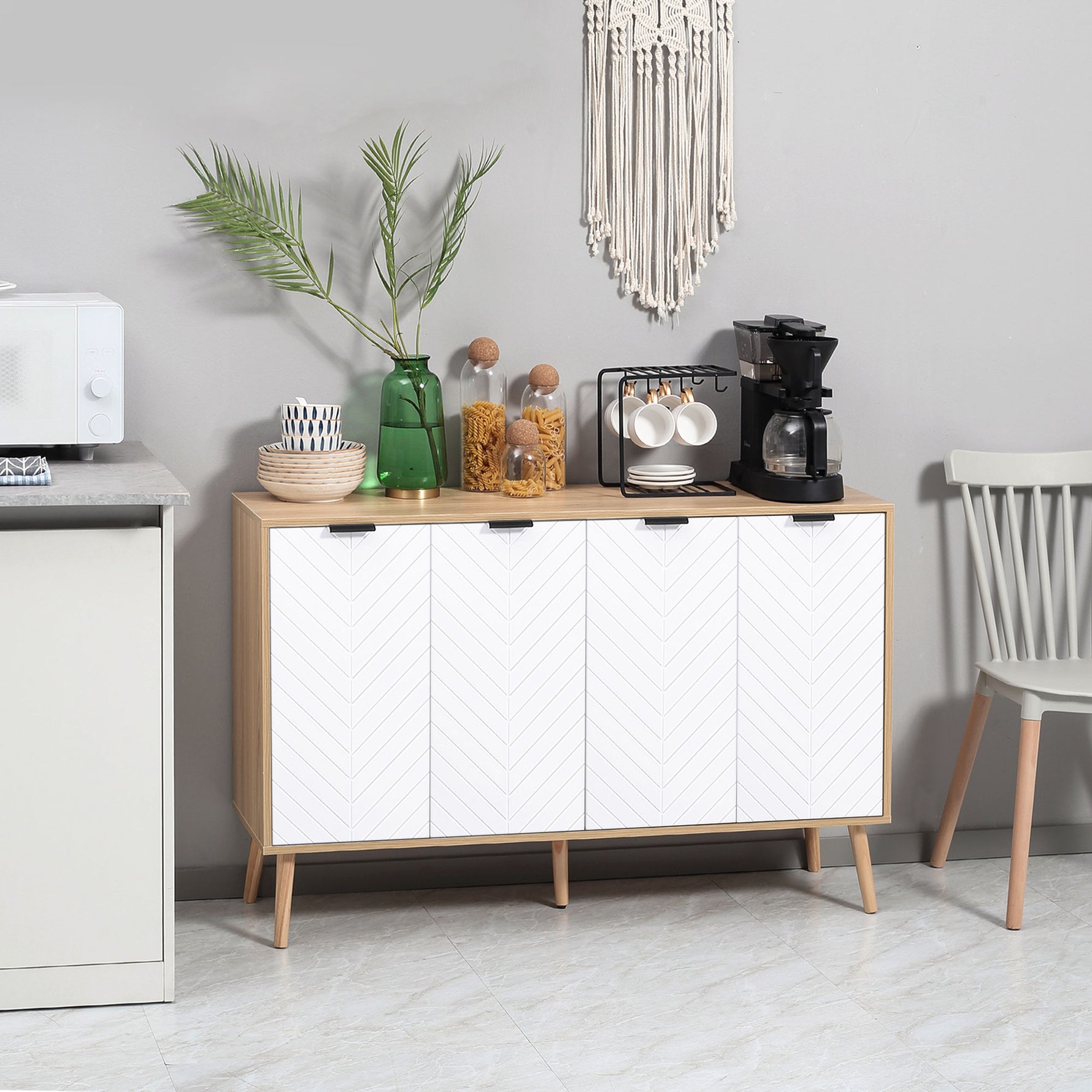 Buffet bas meuble de rangement 2 placards 4 portes motif chevrons étagères réglables 120 x 35 x 77,4 cm blanc