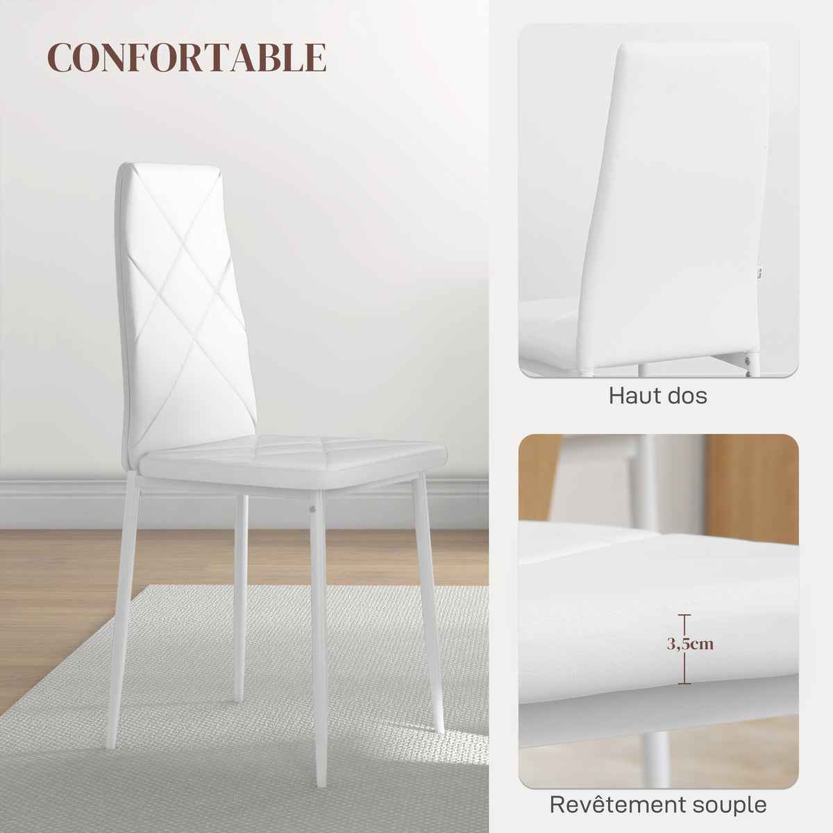 Lot de 2 chaises de salle à manger avec dossier haut, revêtement synthétique et pieds en acier, blanc