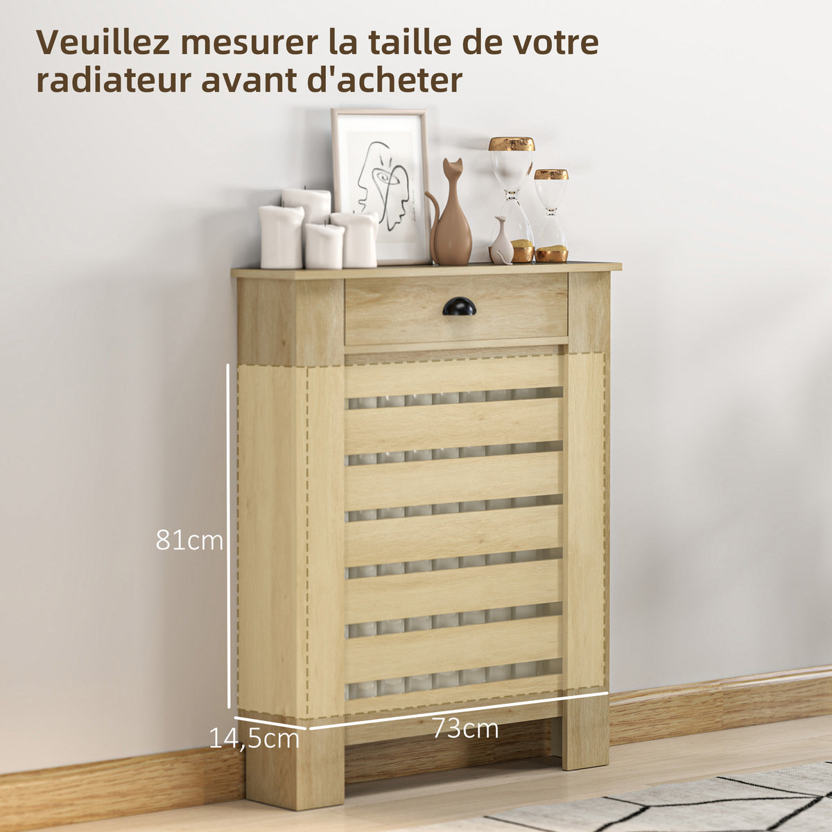 Couvercle de radiateur cache radiateur grille à lattes horizontales avec 2 tiroirs en bois 78l x 19P x 95,5H cm chêne