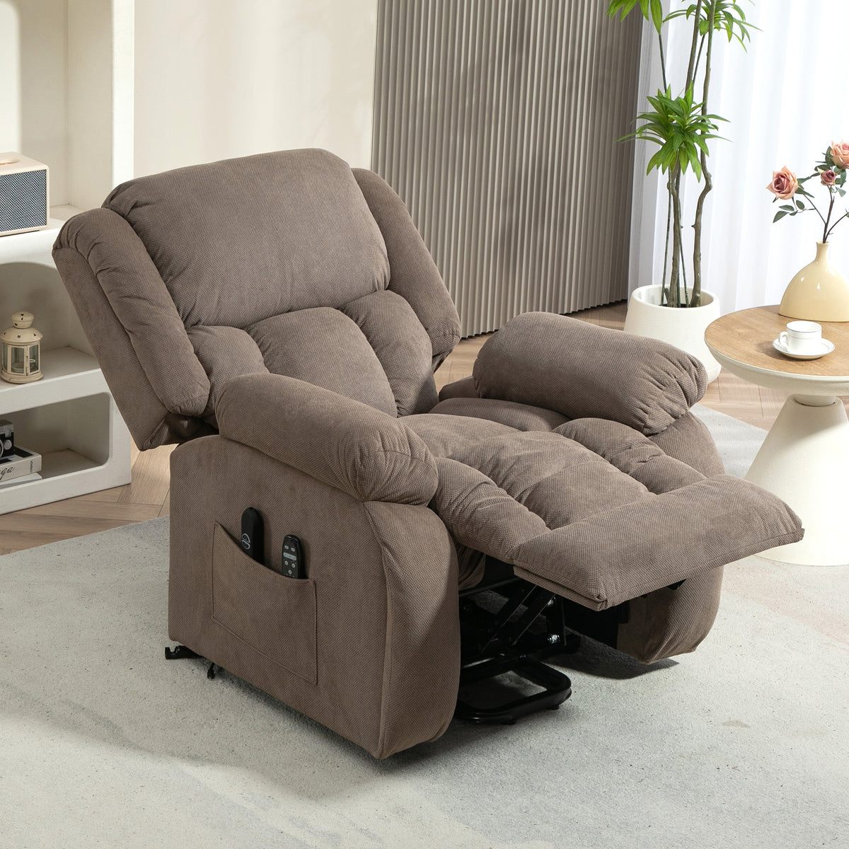 Elektrische sta-op-stoel, massage en verwarming, voetensteun, verstelbare rugleuning, afstandsbediening, 93x104x100cm, bruin