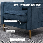 Fauteuil en tissu avec pieds en acier doré, grand confort, pochettes latérales, pour salon, bureau, chambre, bleu