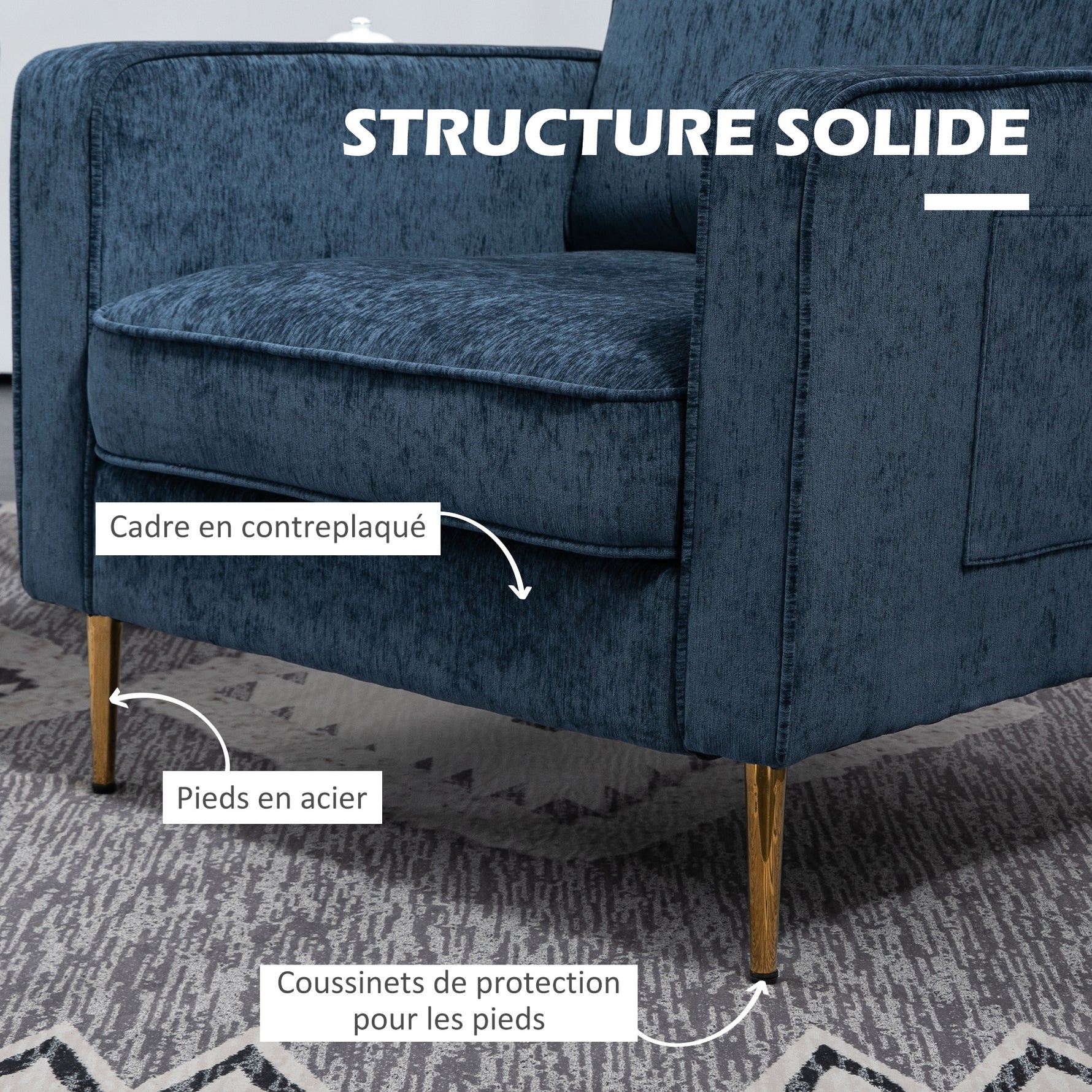 Fauteuil en tissu avec pieds en acier doré, grand confort, pochettes latérales, pour salon, bureau, chambre, bleu
