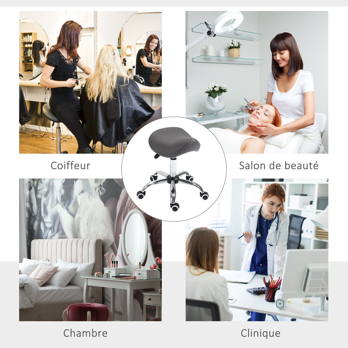 Kruk op wielen, massagekruk met in hoogte verstelbare zitting 49-61 cm en ergonomisch zadel, 360° draaibare werkstoel op wielen, voor massagesalon, tattoostudio, kliniek en spa, grijs