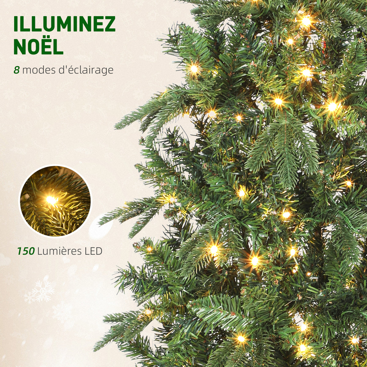 Sapin de Noël artificiel 150 cm, arbre de Noël slim avec 150 lumières 8 modes d'éclairage 431 branches articulées, vert