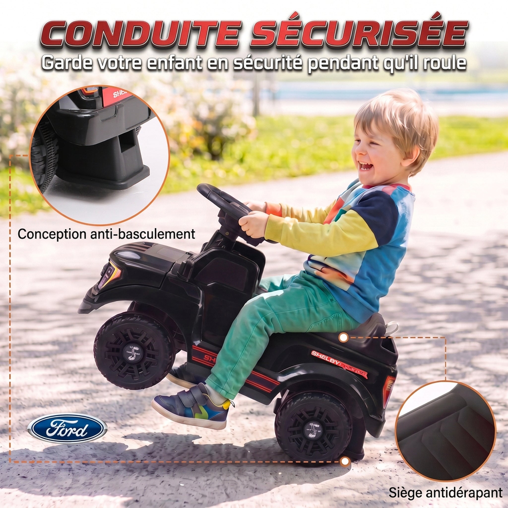 Voiture Porteur pour Enfants Shelby, Dossier, Anti-Basculement, Sons, Compartiment, 18-72 Mois, 80x25,5x33cm, Noir