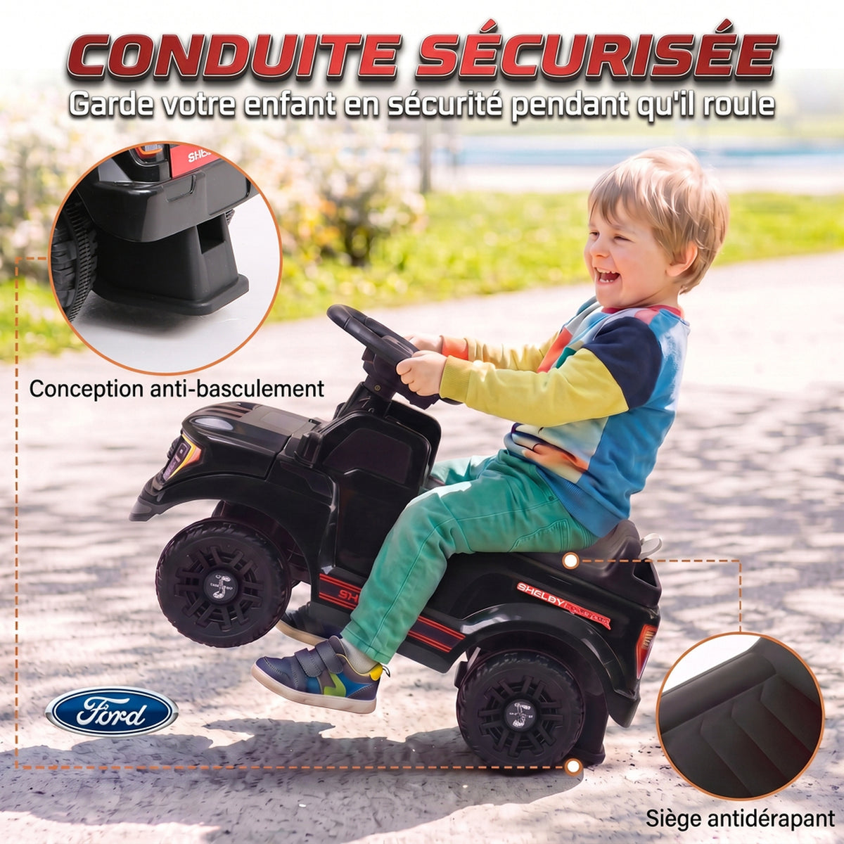 Voiture Porteur pour Enfants Shelby, Dossier, Anti-Basculement, Sons, Compartiment, 18-72 Mois, 80x25,5x33cm, Noir