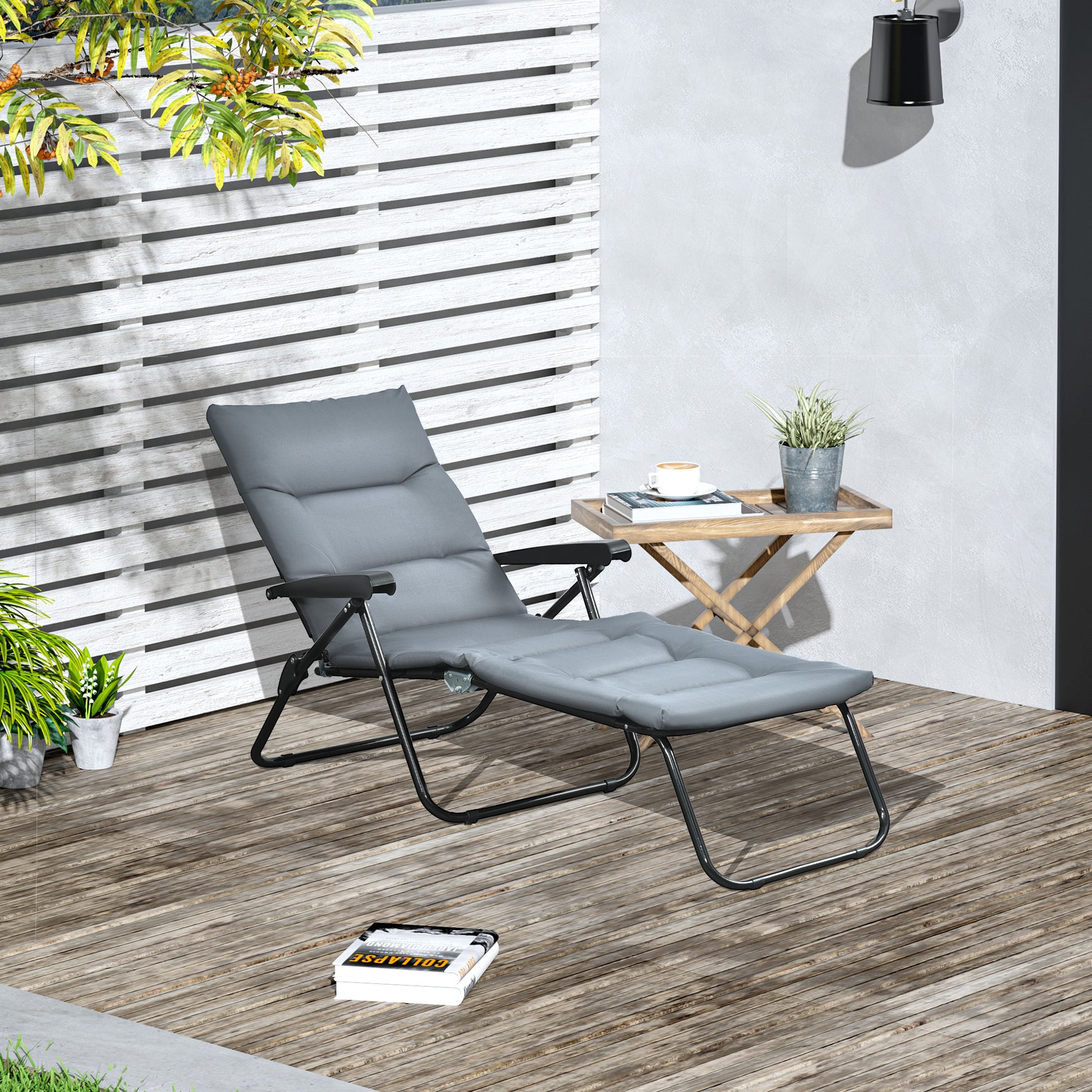 Bain de soleil pliable transat inclinable 6 positions avec matelas + accoudoirs acier polyester gris