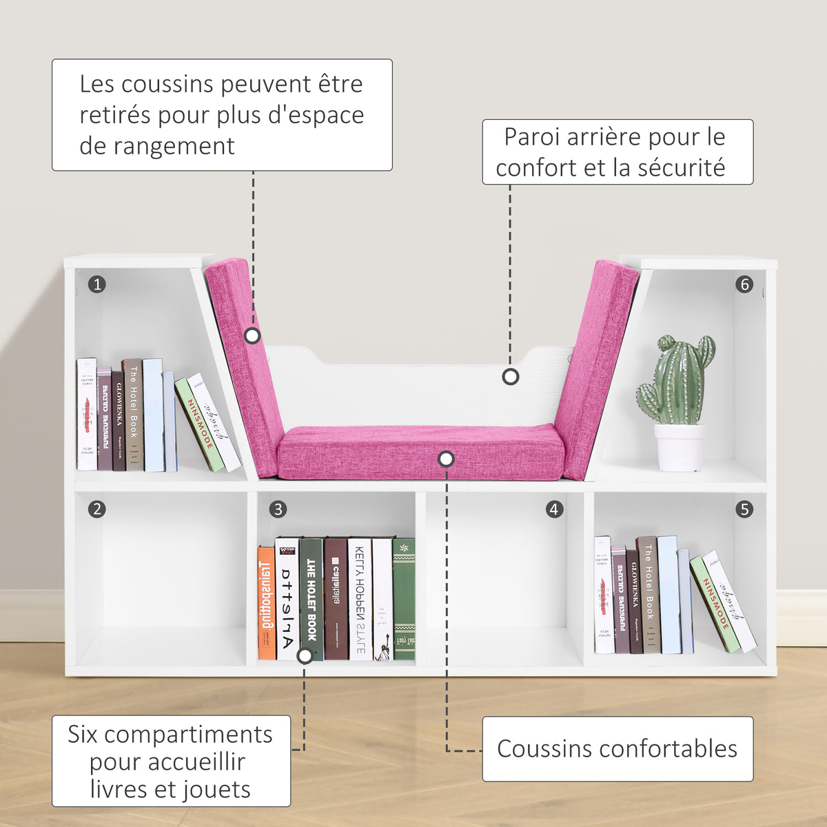 Bibliothèque banc 2 en 1 avec coussins de siège, étagère cube 6 compartiments ouverts et 2 niveaux, meuble de