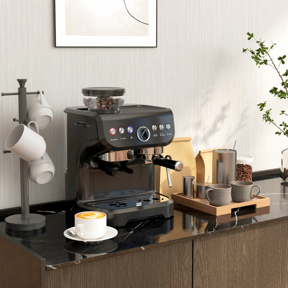 Espressomaschine 1600 W mit Mahlwerk, Dampfdüse, italienischer 15-Bar-Pumpe, 2-L-Wassertank, schwarz
