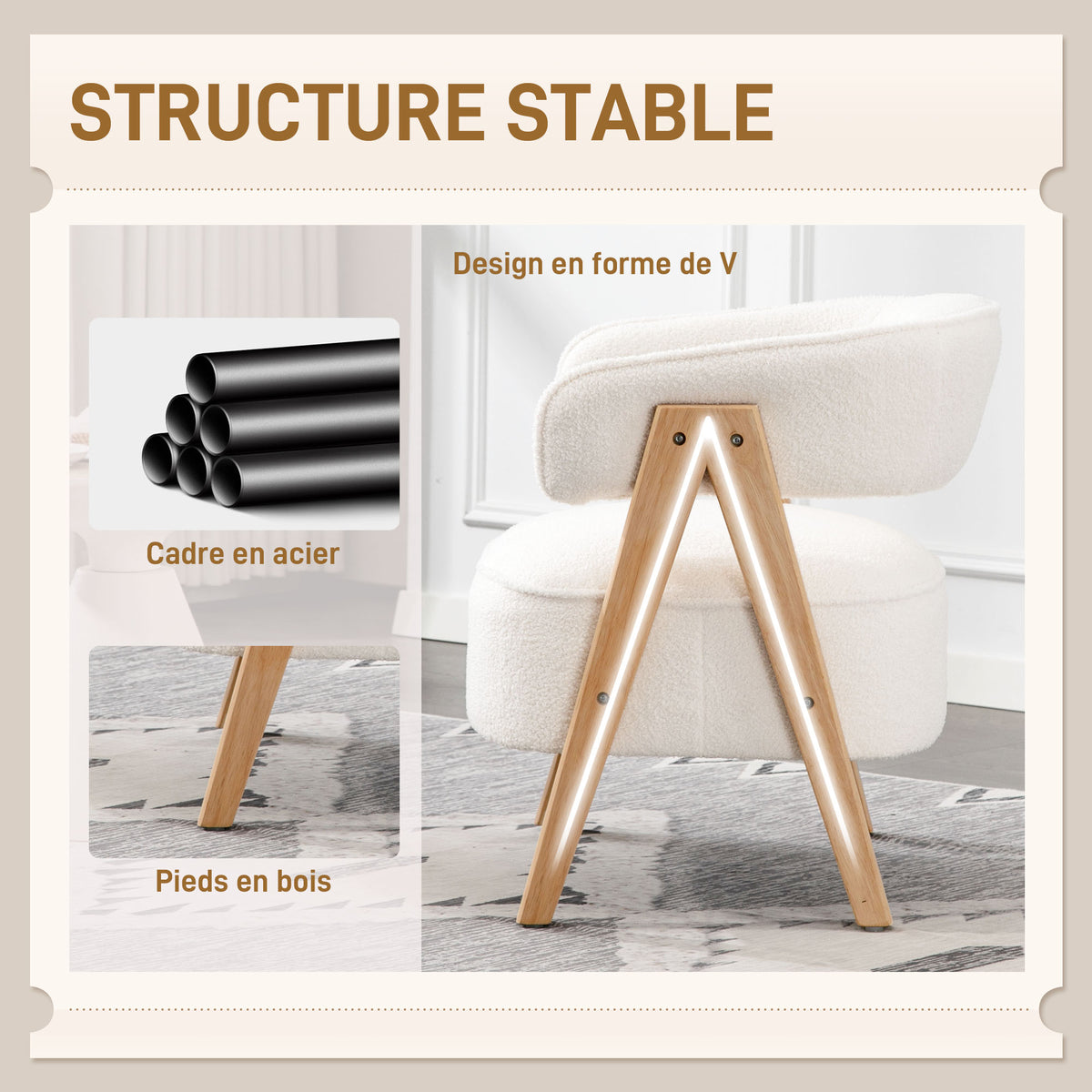 Sillón de salón de tela de borreguito, silla acolchada, asiento amplio, respaldo ergonómico, 70 x 64 x 71 cm, blanco