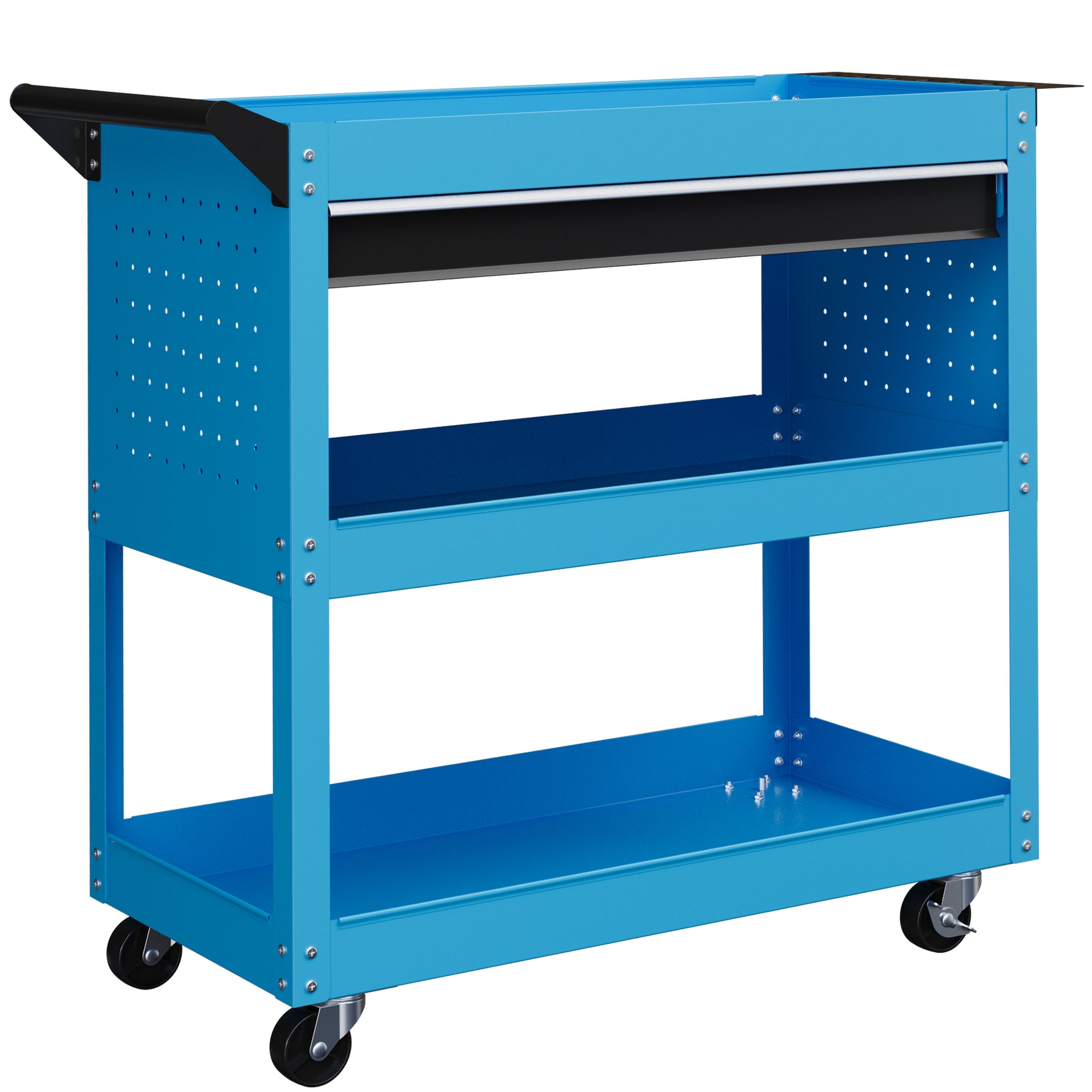 Chariot d'atelier servante atelier à 3 niveaux avec tiroir, porte-outils latéral et poignée, 82x35x76 cm, bleu