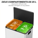 Poubelle de cuisine 2 compartiments de 2 x 25L, acier inoxydable, couvercle à fermeture douce, 47,7x37,5x56cm, argent