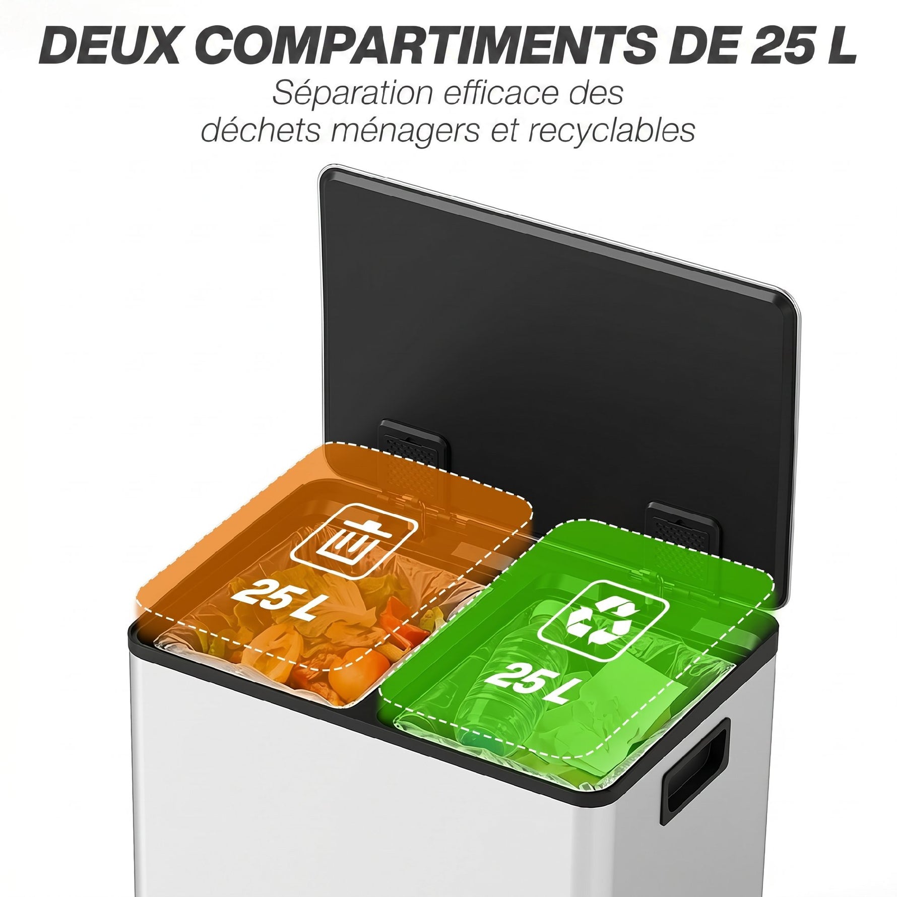 Poubelle de cuisine 2 compartiments de 2 x 25L, acier inoxydable, couvercle à fermeture douce, 47,7x37,5x56cm, argent
