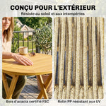 Salon de Jardin Ensemble Bistro 3 Pièces Table Ronde et 2 Chaises Pliables Design Boho Bois d'Acacia Cordage PP Naturel
