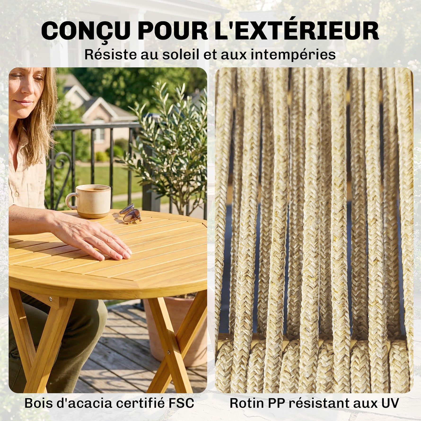 Salon de Jardin Ensemble Bistro 3 Pièces Table Ronde et 2 Chaises Pliables Design Boho Bois d'Acacia Cordage PP Naturel
