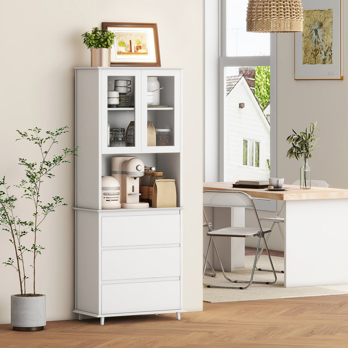Buffet de cuisine meuble de rangement placard 2 portes 3 tiroirs et niche centrale dim. 68L x 38l x 172H cm MDF blanc
