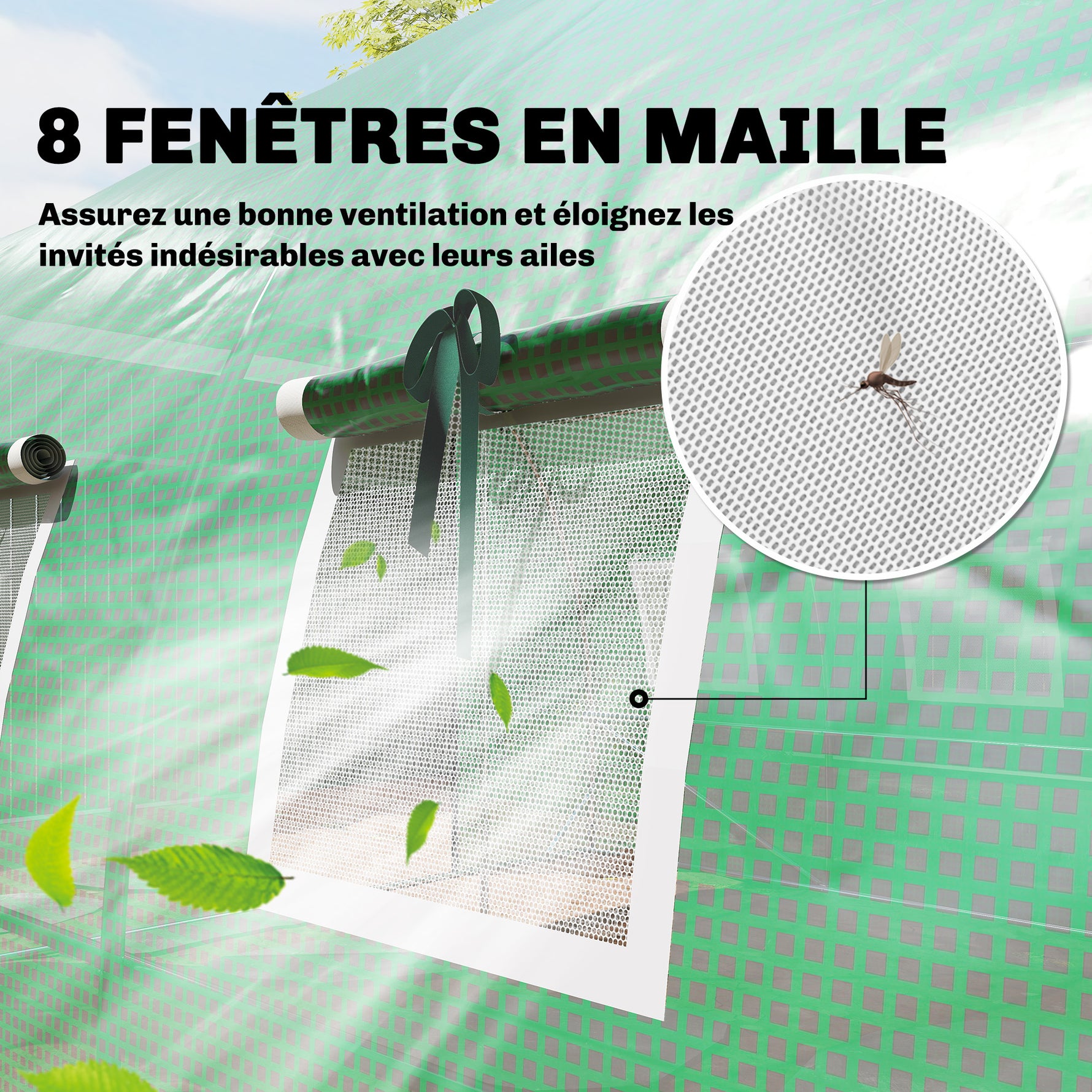 Serre tunnel de jardin 12m², serre de jardin tunnel 295x400x200cm 2 portes et 8 fenêtres bâche PE 140 g/m² vert