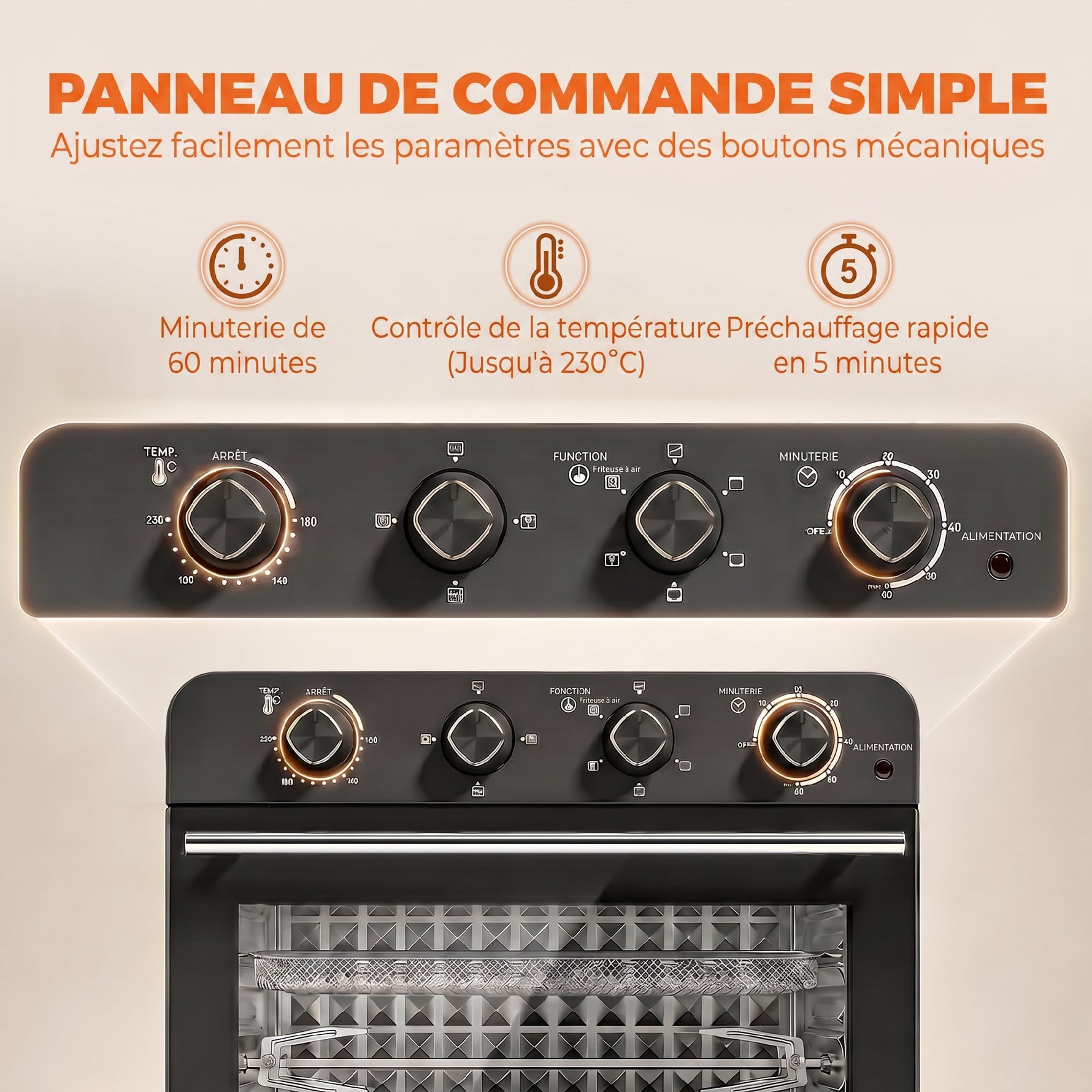 Friteuse à Air Chaud 36L, Four à Air Chaud 1800 W avec Rôtissoire, Plaque de Cuisson, Panier de Friture et Grille, Noir