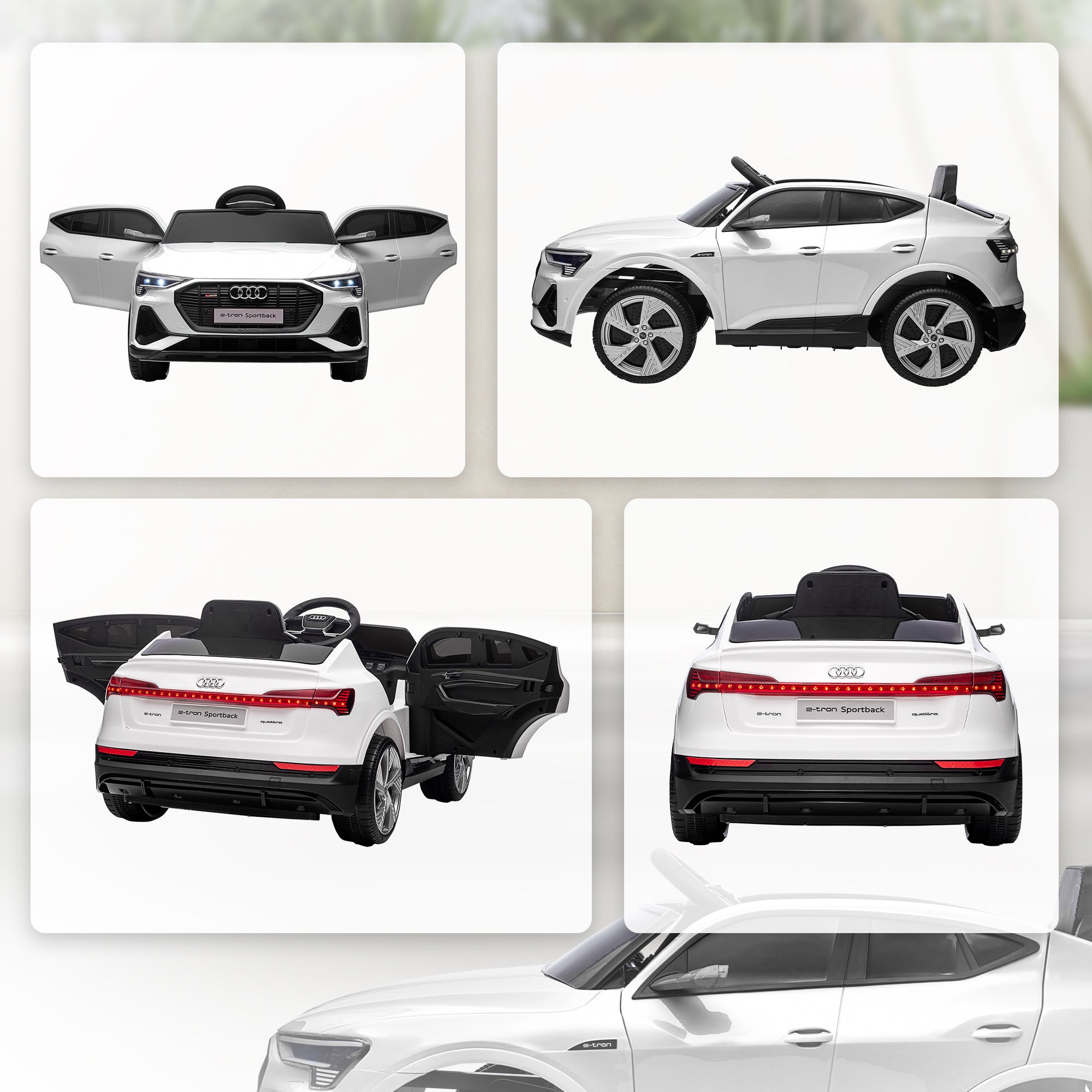 Voiture électrique enfants sous Licence Audi e-tron Sportback, véhicule électrique 12V Max. 5 Km/h avec télécommande 2,4G, phares LED, musique, klaxon, port USB, MP3, blanc