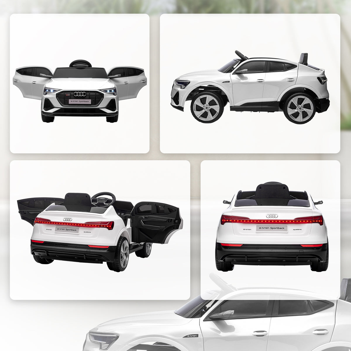 Voiture électrique enfants sous Licence Audi e-tron Sportback, véhicule électrique 12V Max. 5 Km/h avec télécommande 2,4G, phares LED, musique, klaxon, port USB, MP3, blanc