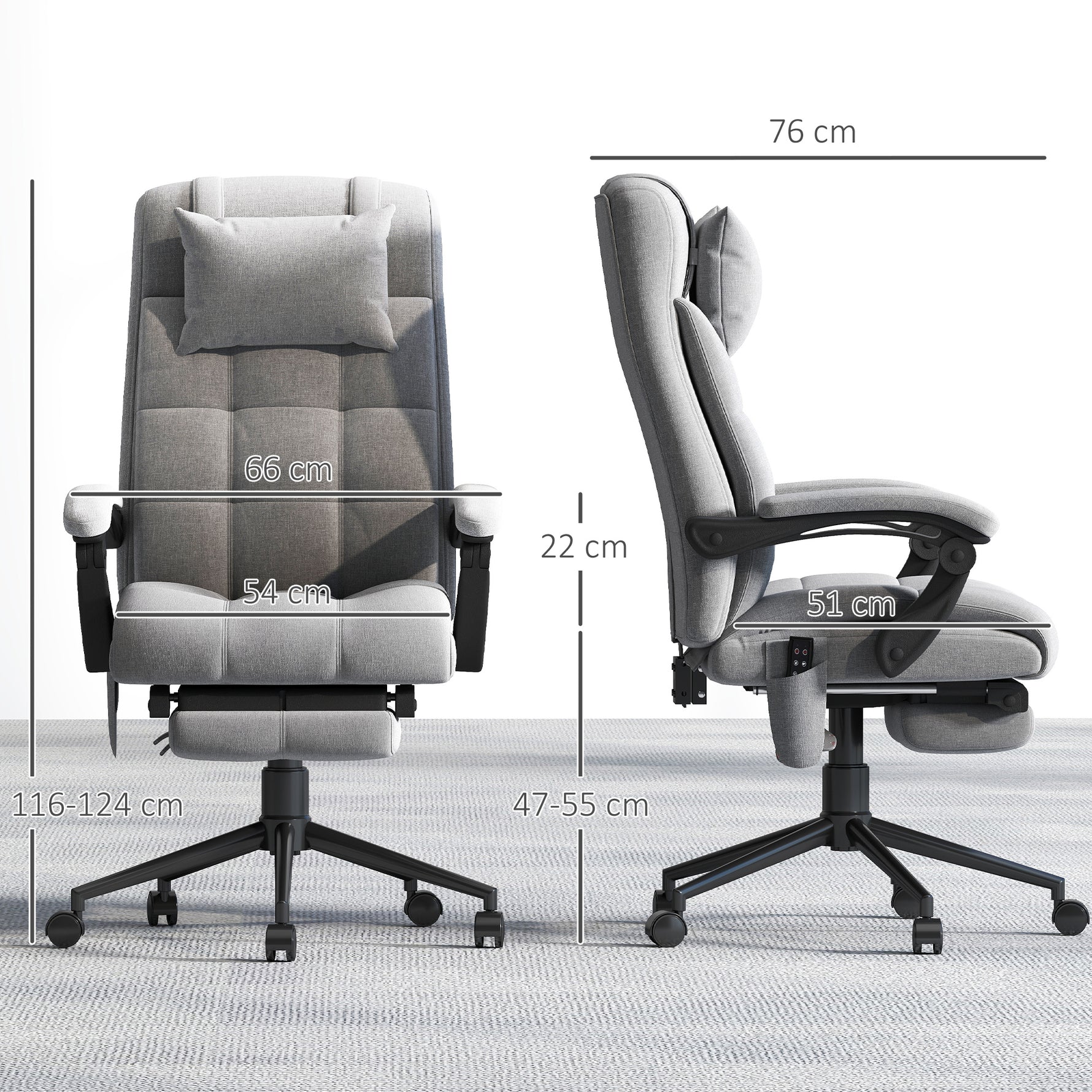 Chaise de bureau de massage chauffante réglable en hauteur de 116-124 cm ergonomique inclinable tissu effet lin, gris