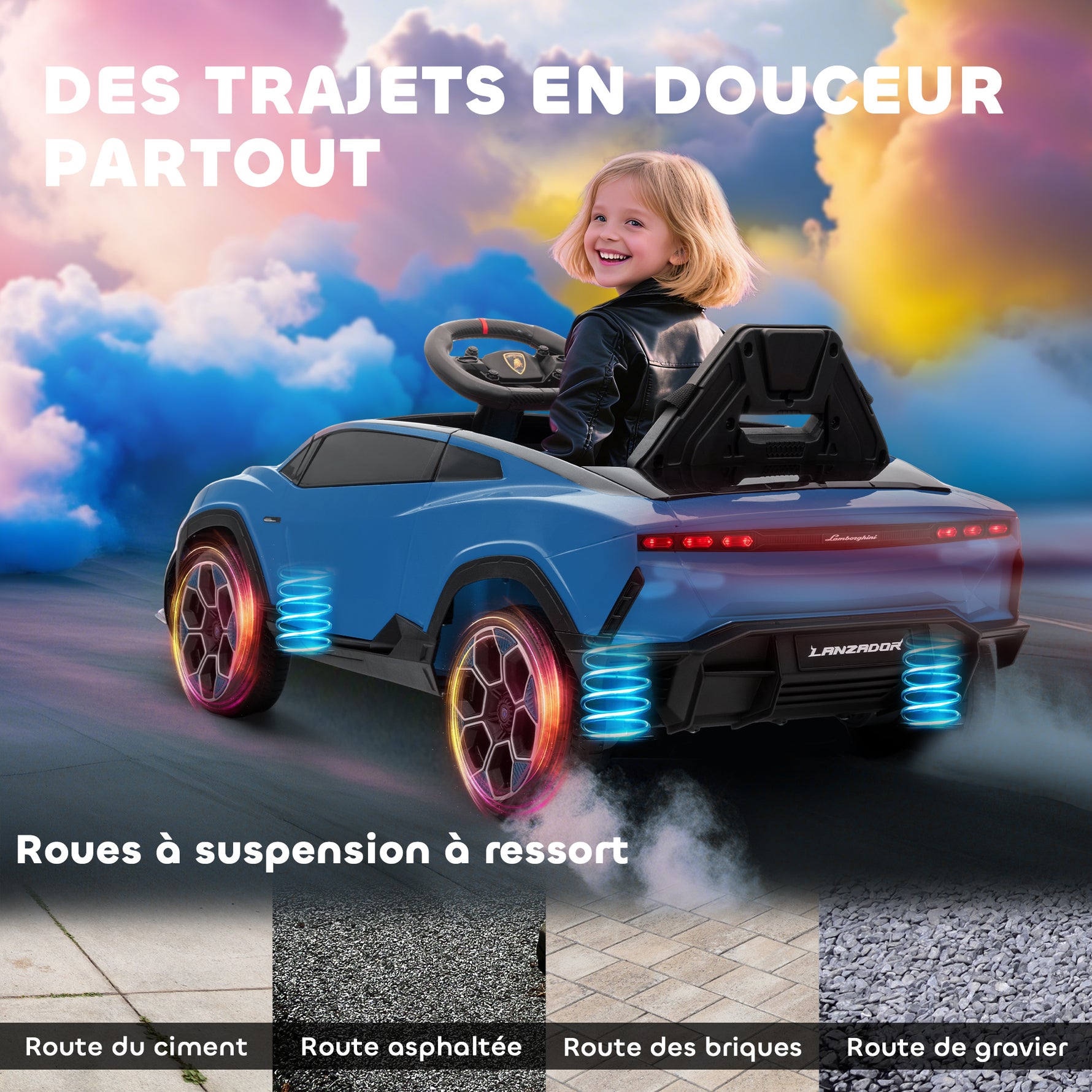 Voiture électrique enfant véhicule électrique Lamborghini 12V télécommande 2,4G et 2 moteurs vitesse max. 4 km/h bleu
