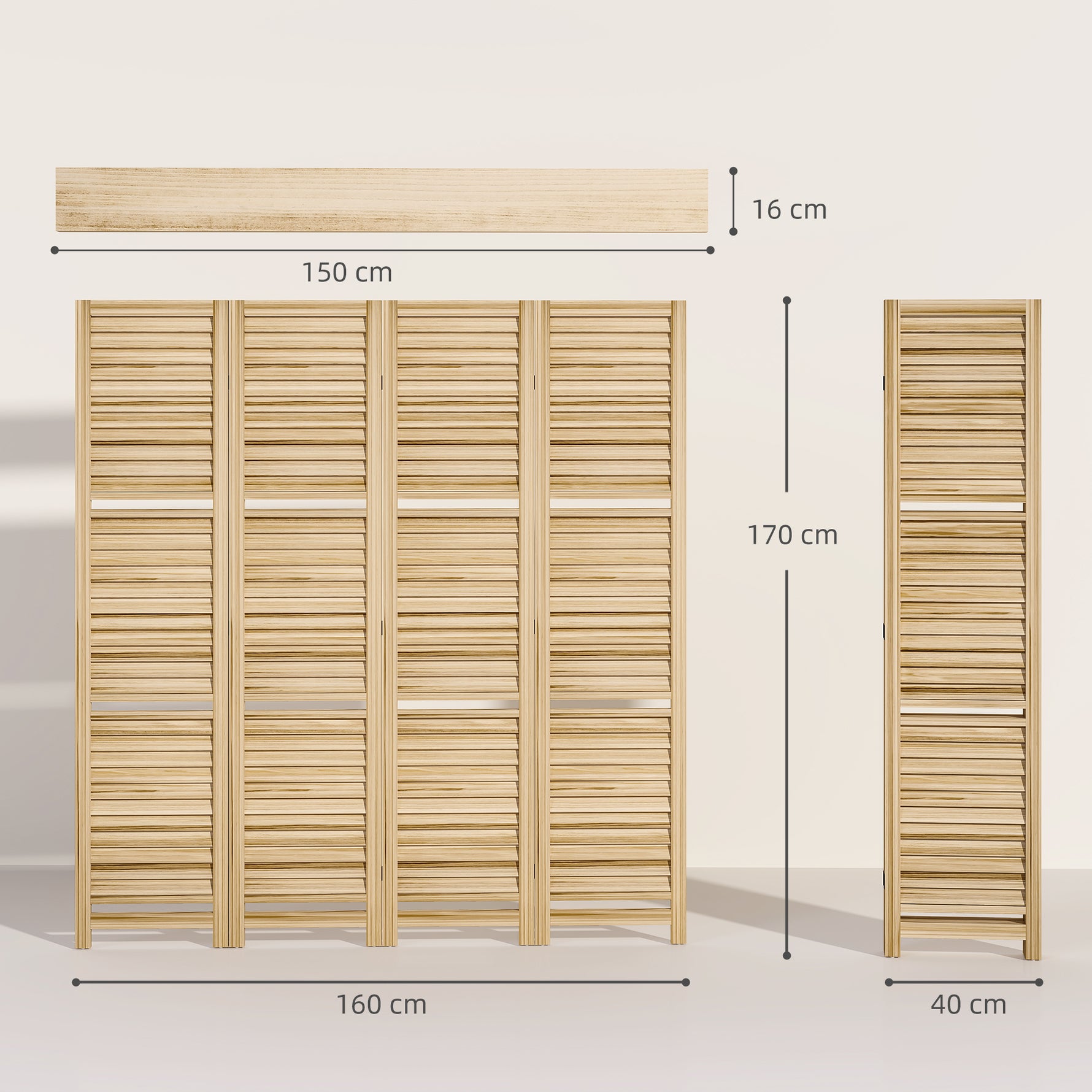 Paravent intérieur en bois 4 panneaux 160 x 170 cm, séparateur de pièce pliable avec 3 étagères, bois naturel