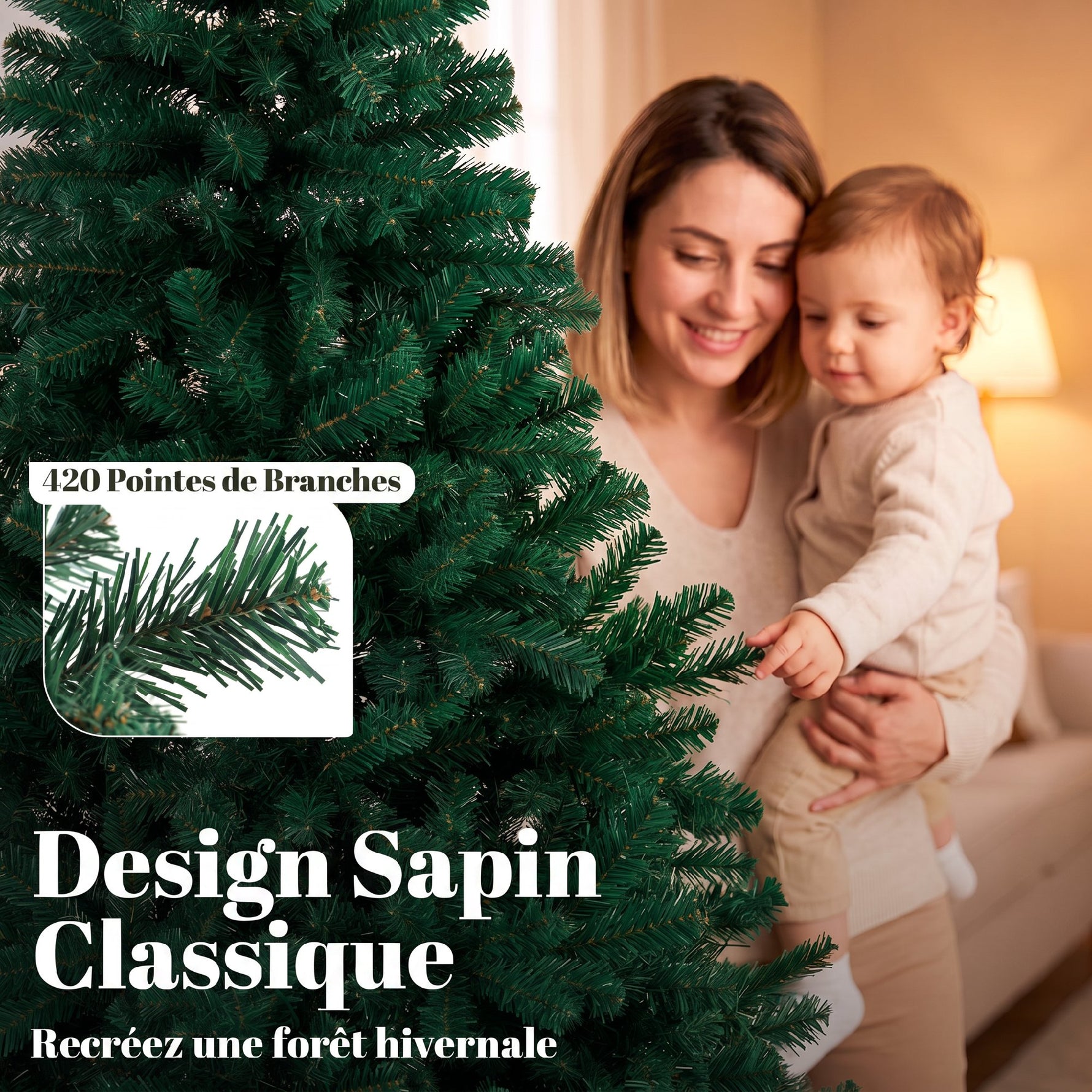 Sapin de Noël Artificiel 150 cm, Arbre de Noël avec 420 Pointes de Branches Articulées, Support Pliable en Acier, Vert