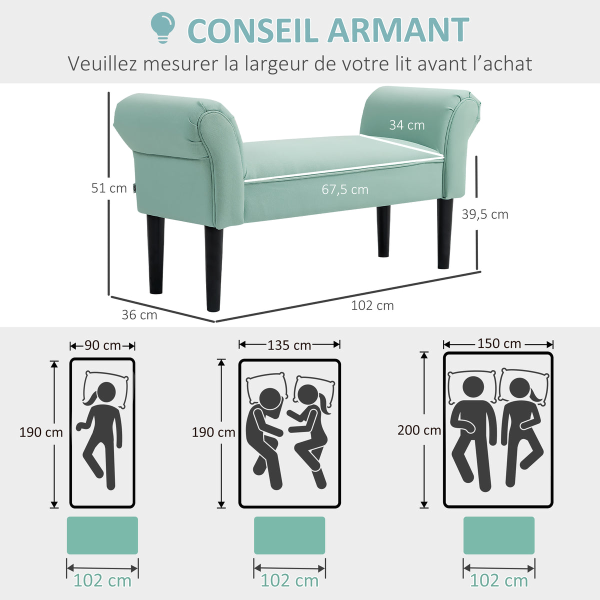Banc Entrée Bout de Lit Rembourré pour Chambre à Coucher, Tissu à Voile, vert, 102 x 36 x 51 cm