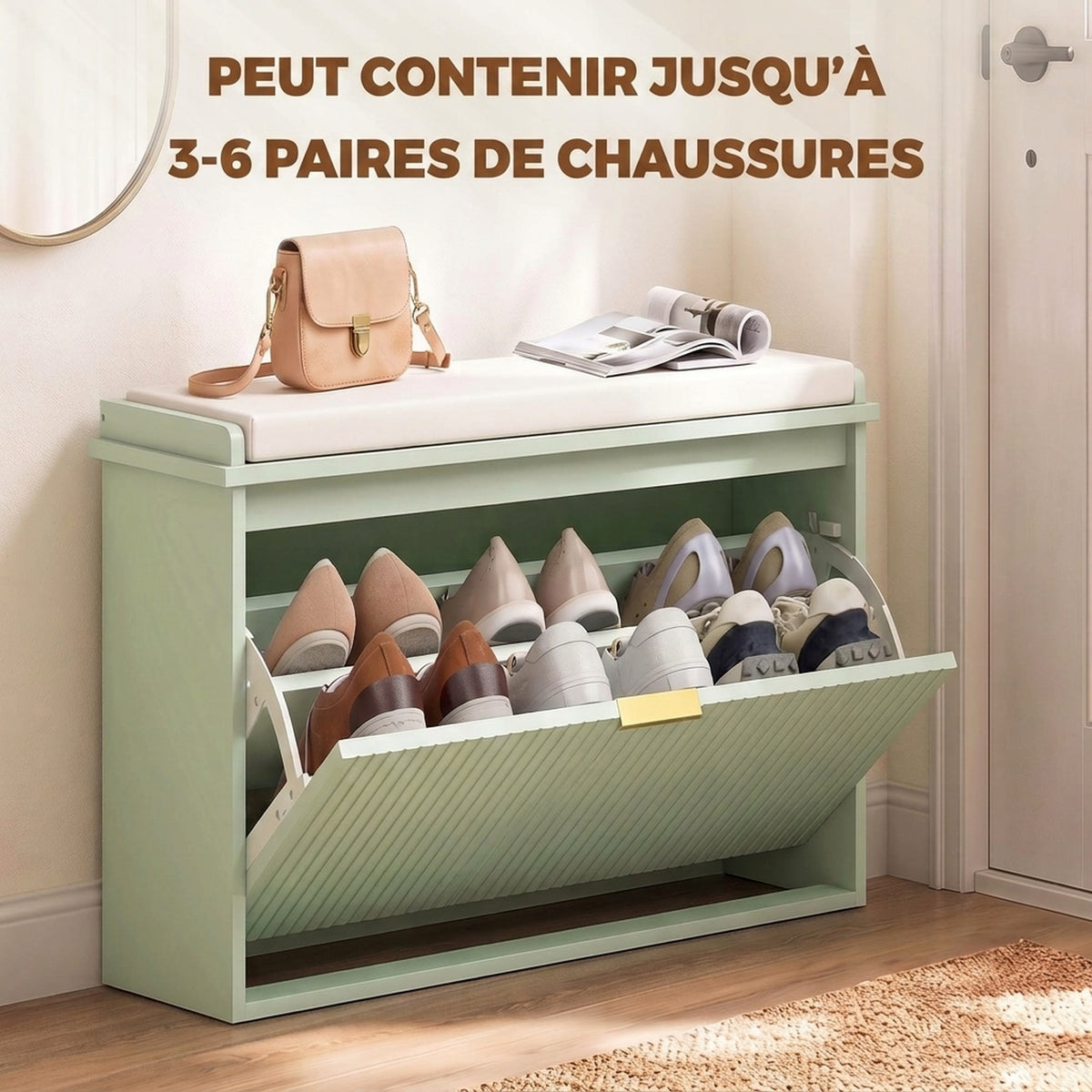 Banc à chaussures avec coussin d'assise rembourré et tiroir rabattable pour couloir, chambre, 62 x 26 x 47,5 cm, vert
