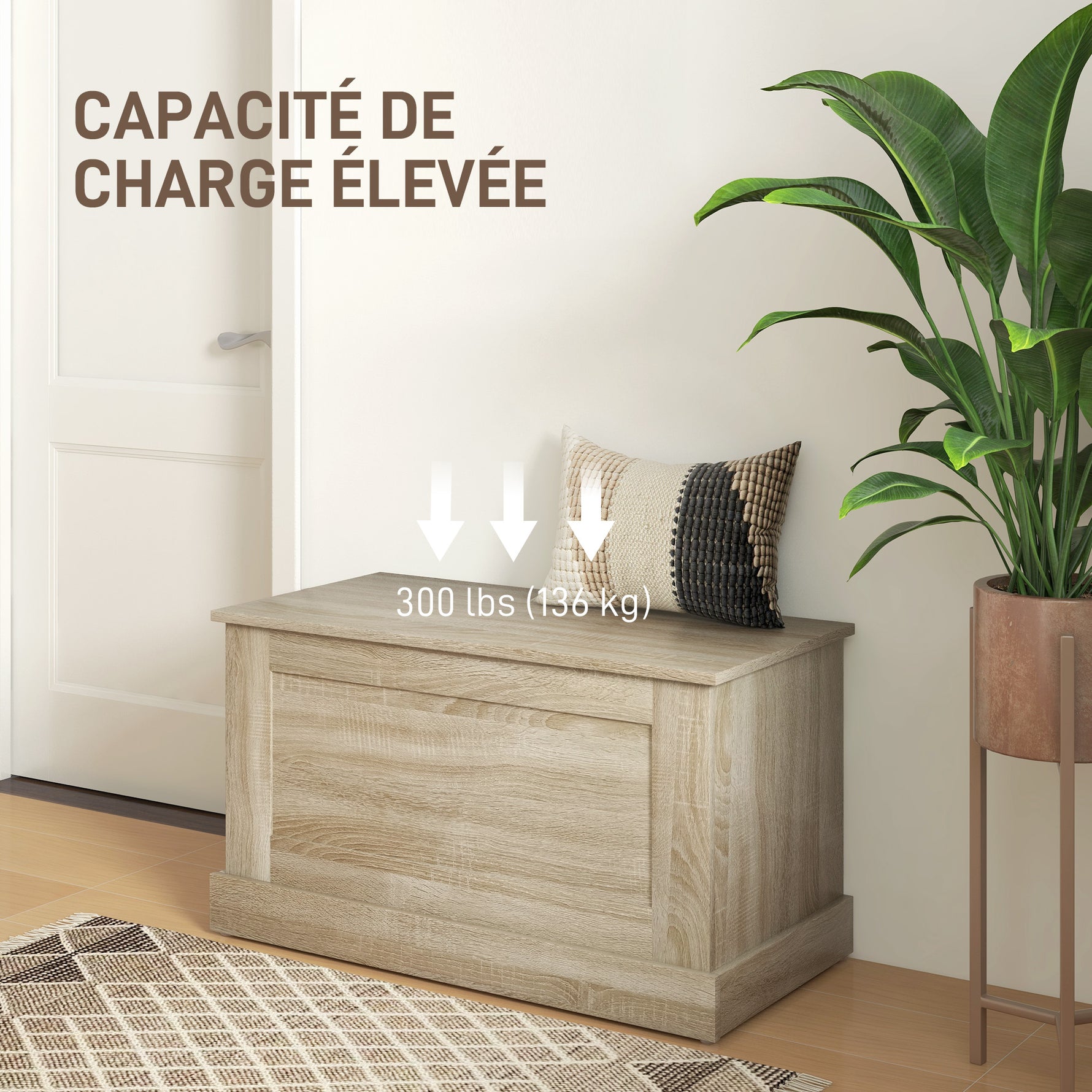 Coffre de rangement, coffre à jouets, avec charnière de sécurité, pour salon, en bois, 80 x 40 x 45 cm, bois naturel
