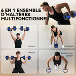 Ensemble d'haltères musculation 6-en-1 haltère réglable 20 kg kettlebell, barre de musculation support pour pompes bleu