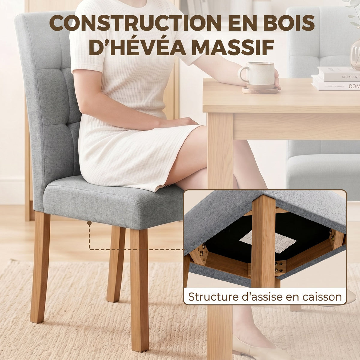 Lote de 2 sillas de comedor, silla de cocina moderna con asiento acolchado de tela efecto lino, gris claro
