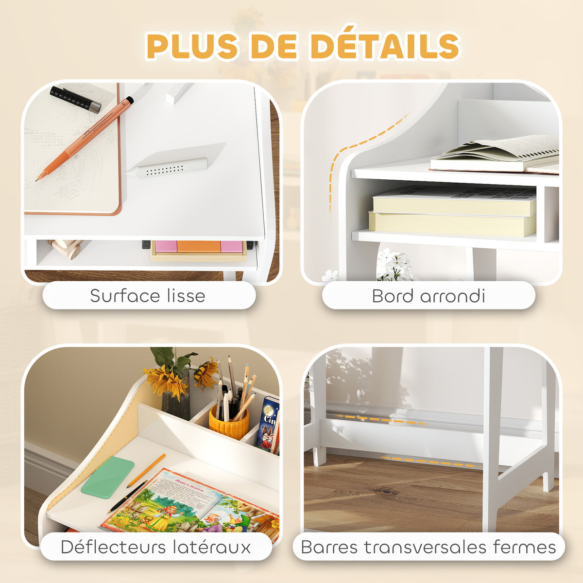Ensemble bureau et chaise pour enfant 3 à 8 ans avec compartiments et étagères ouverts, blanc