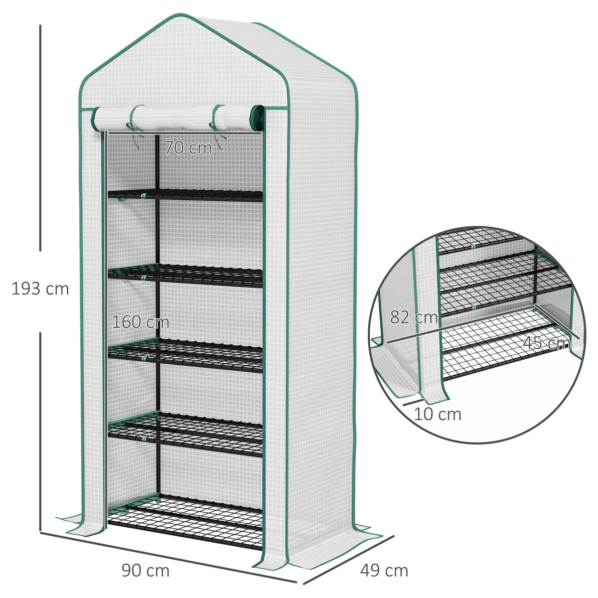 Serre de jardin Serre 5 niveaux avec 1 porte enroulable, Bâche en PE Renforcée Résistante dim. 90L x 49l x 193H cm