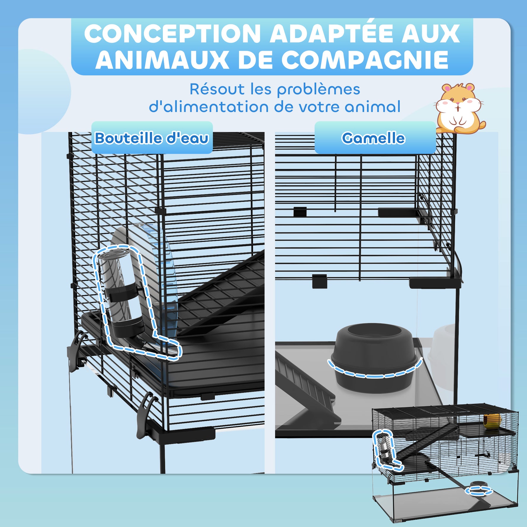 Cage hamster cage rongeur 3 niveaux avec roue rampes maisonnette abreuvoir mangeoire 76,5L x 48,5l x 54,5H cm noir