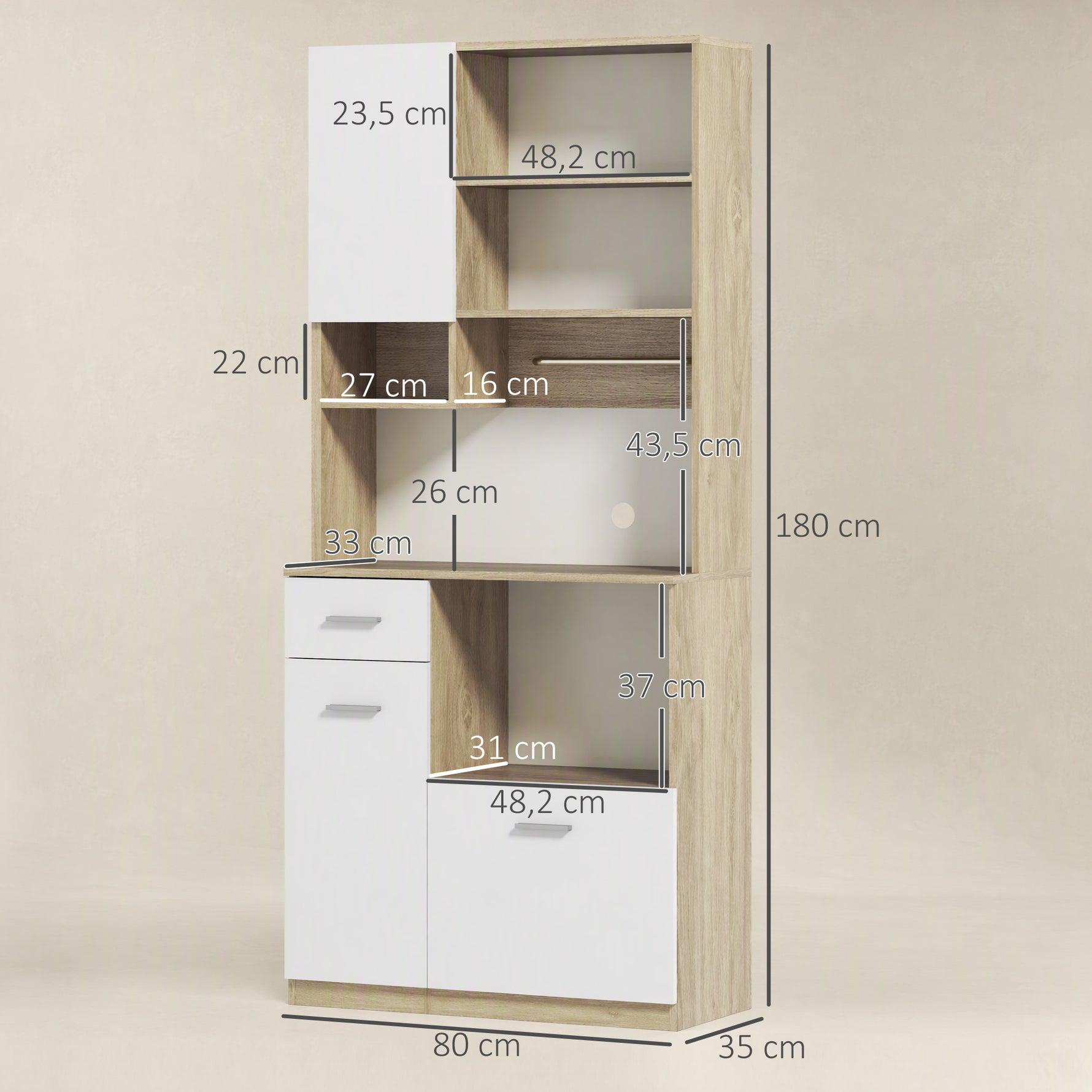 Armoire de cuisine haute, meuble de rangement moderne avec étagères réglables, tiroir, blanc et aspect bois