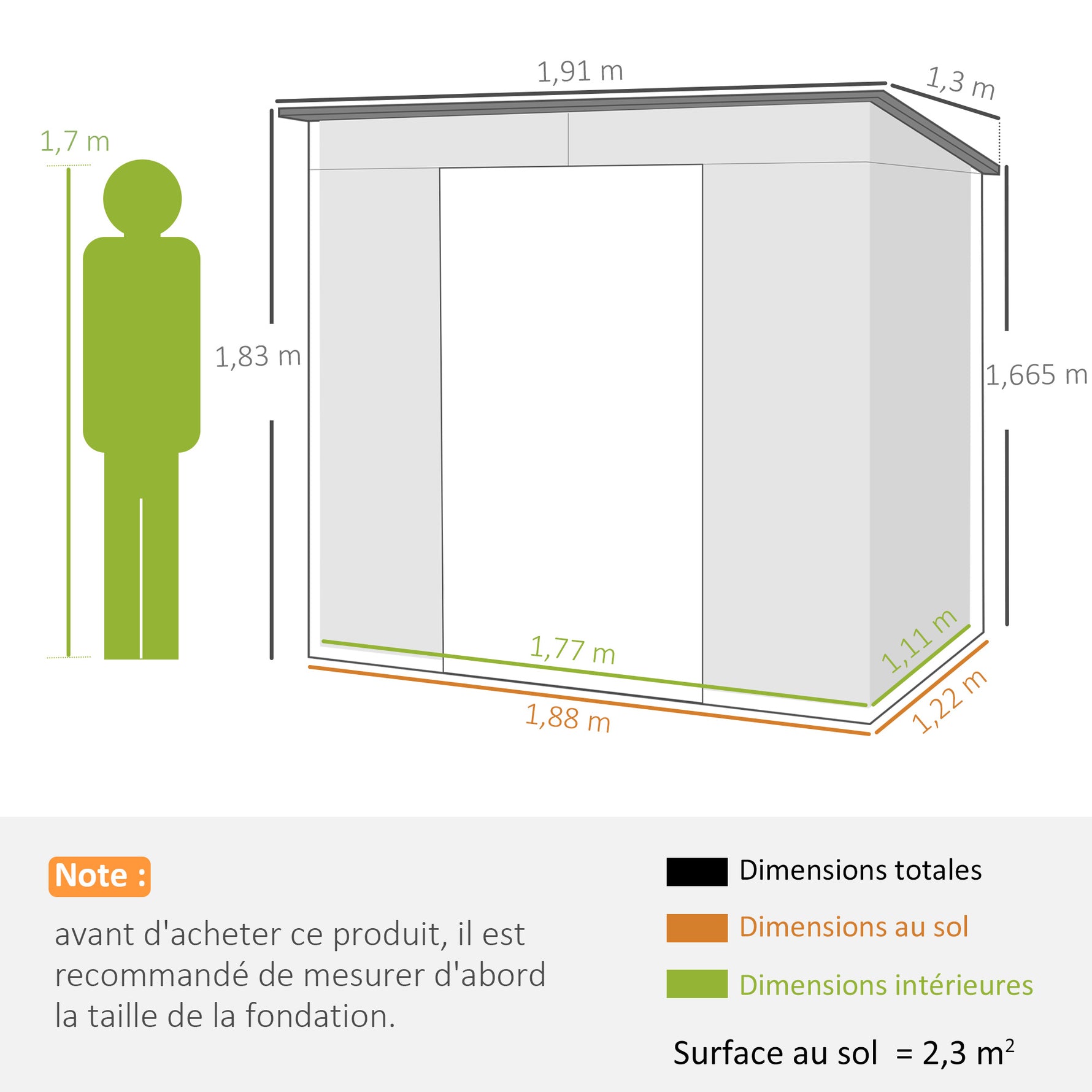 Abri de jardin 2,3m² - pour Outils - cabanon Porte verrouillable - dim. 191L x 130P x 166,5-183H cm - acier