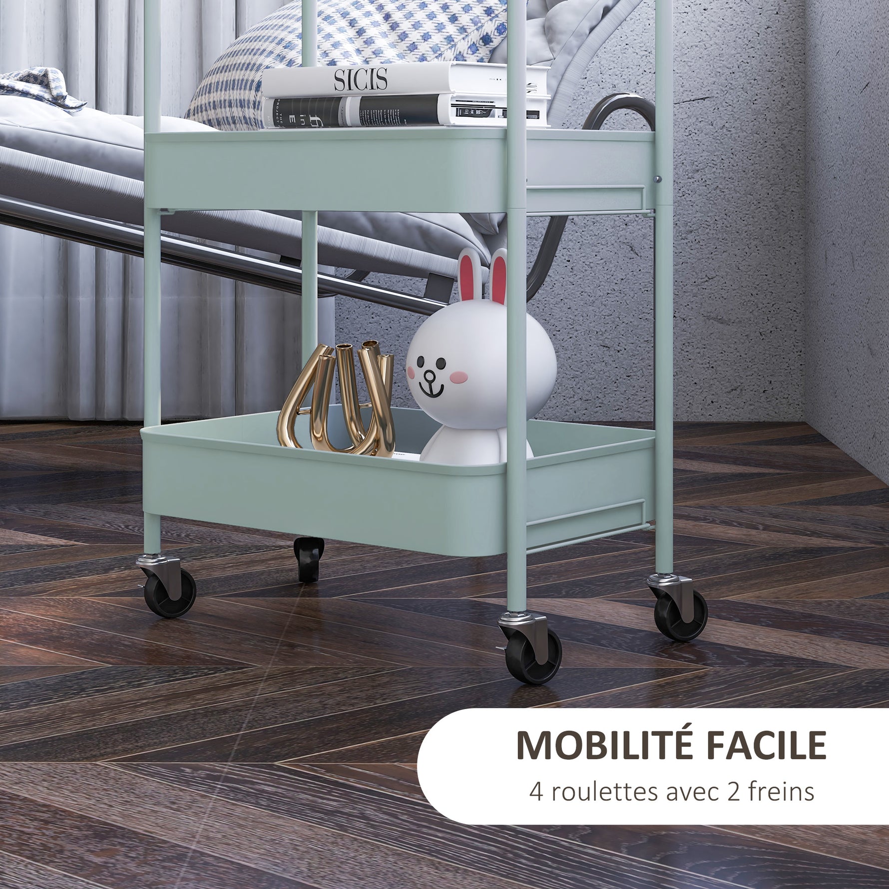 Desserte chariot de rangement en acier chariot de service à roulettes 3 plateaux ajourés 45 x 30,6 x 79 cm bleu clair