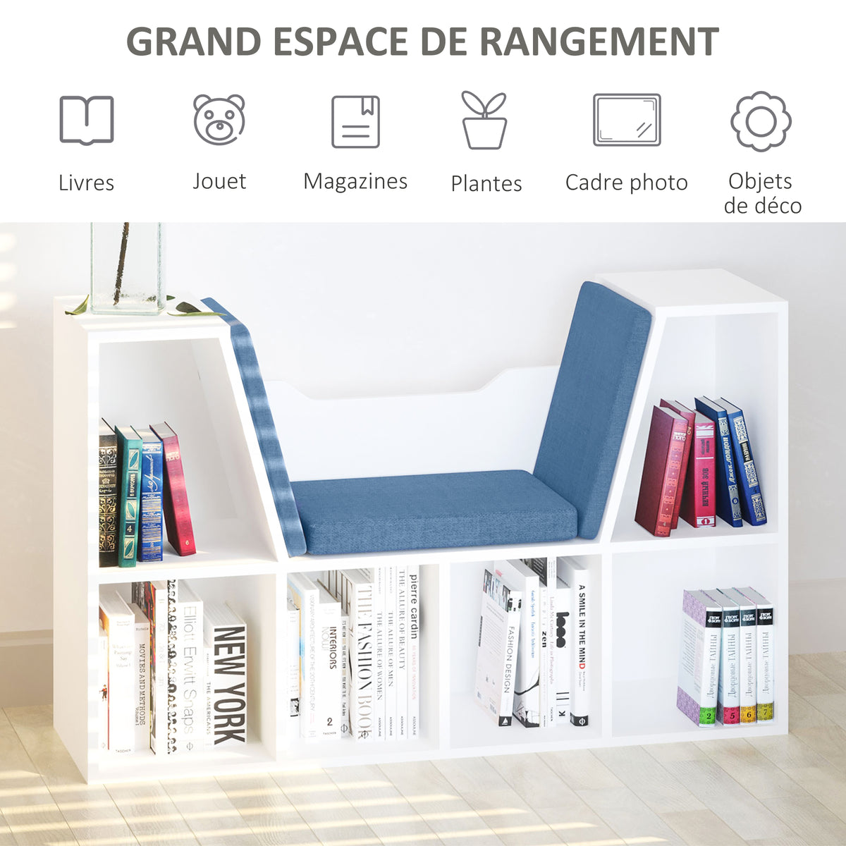 Bibliothèque banc 2 en 1 avec coussins de siège, étagère cube 6 compartiments ouverts et 2 niveaux, meuble de rangement pour salon, chambre à coucher, bureau, 102 x 30 x 61 cm, bleu