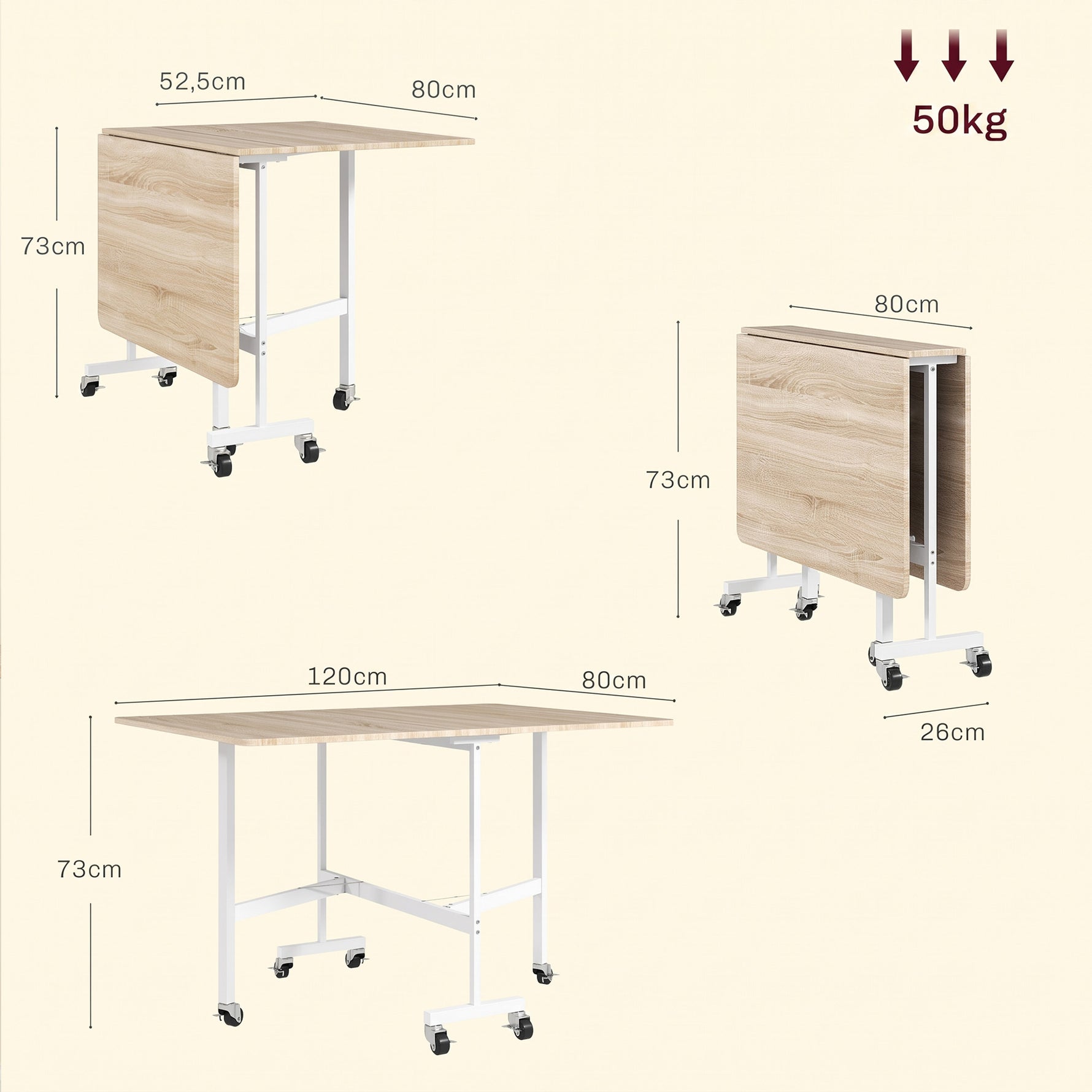 Table à Manger Pliante sur Roulettes pour 4-6 Personnes 120 cm, Roues avec Freins, 2 Abattants, Style Industriel, Chêne