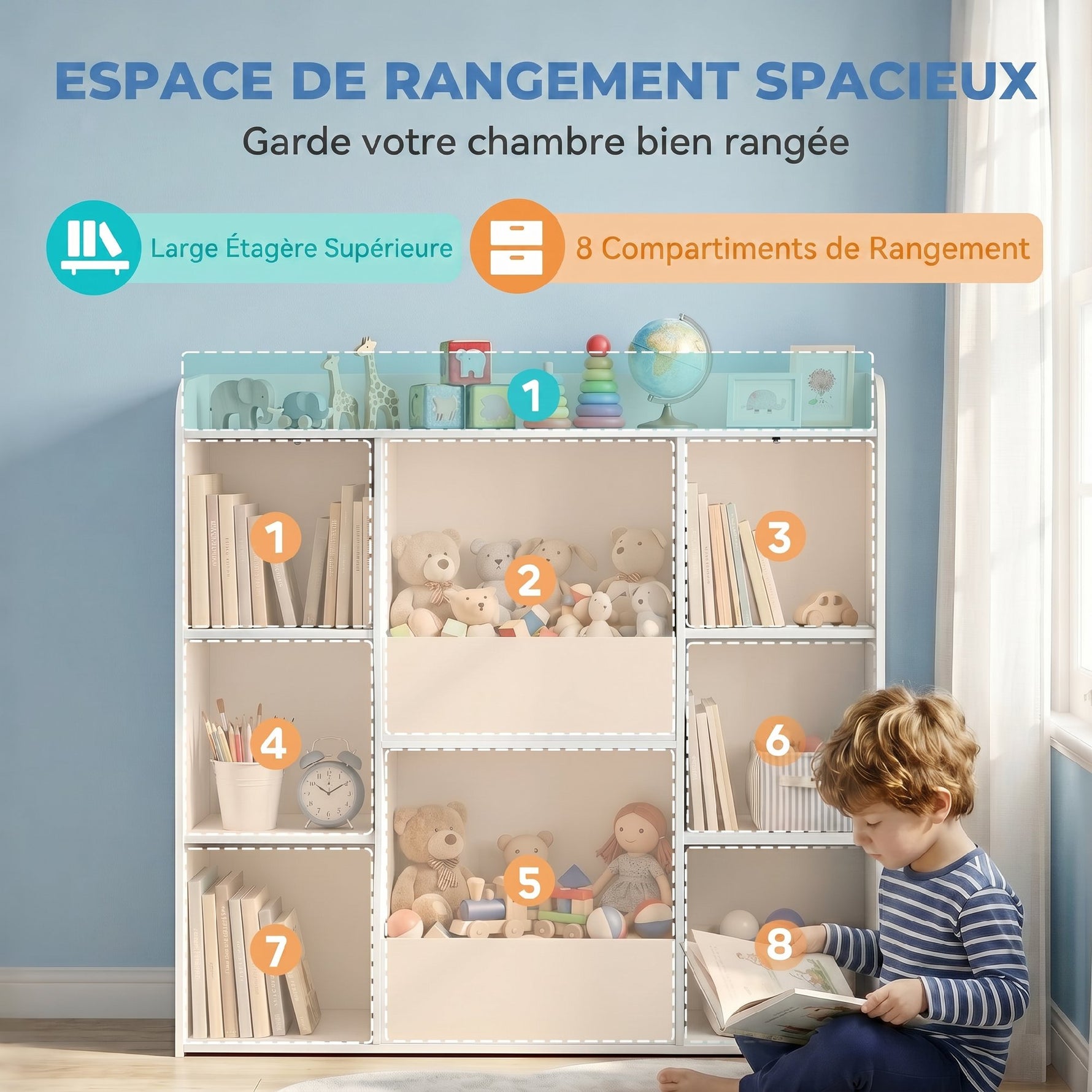 Meuble rangement enfant, bibliothèque enfants avec 8 compartiments et étagère supérieure, 104 x 29 x 101,5 cm, blanc