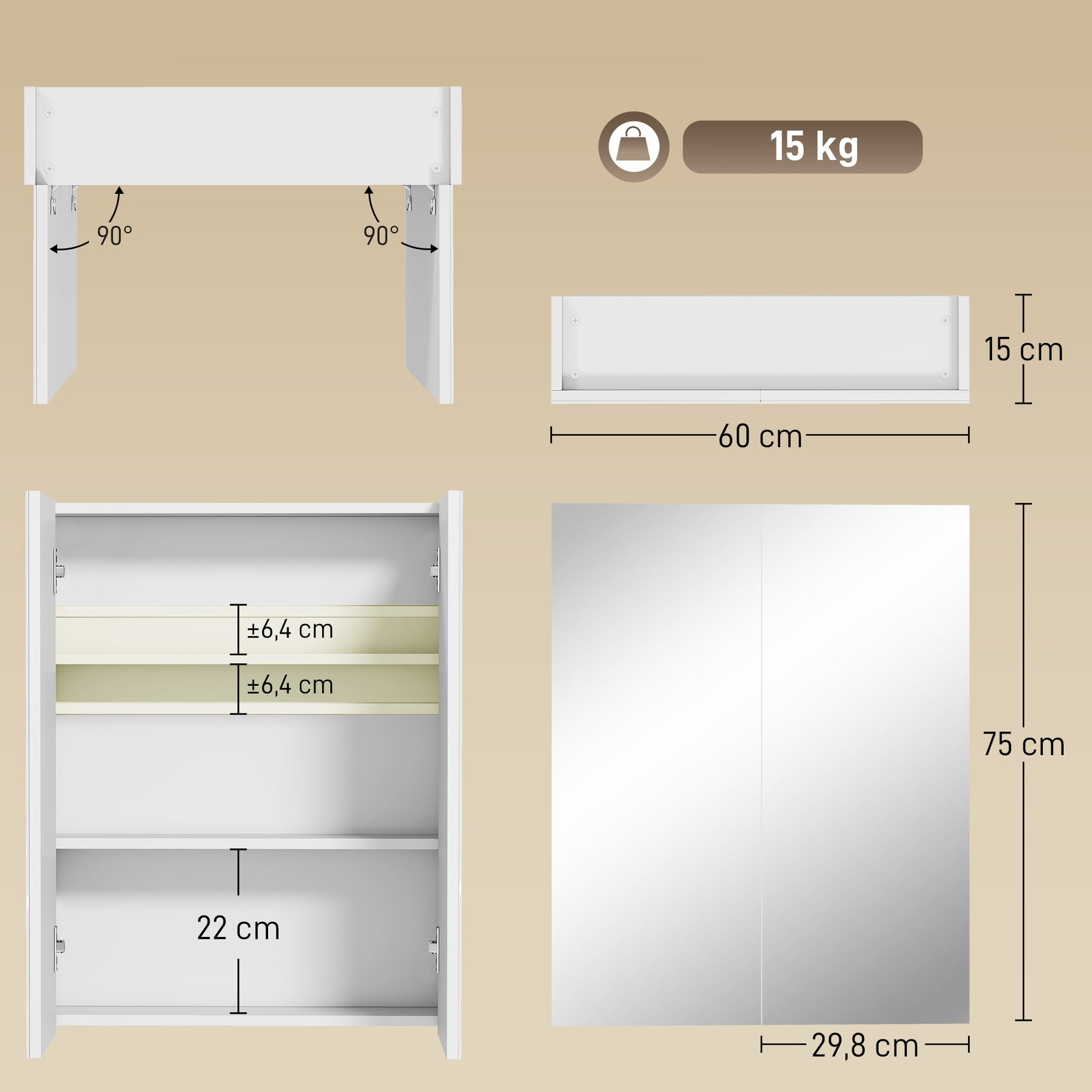 Armoire avec Miroir en Bois Rangement Salle de Bain Fermeture Porte Tampon MDF