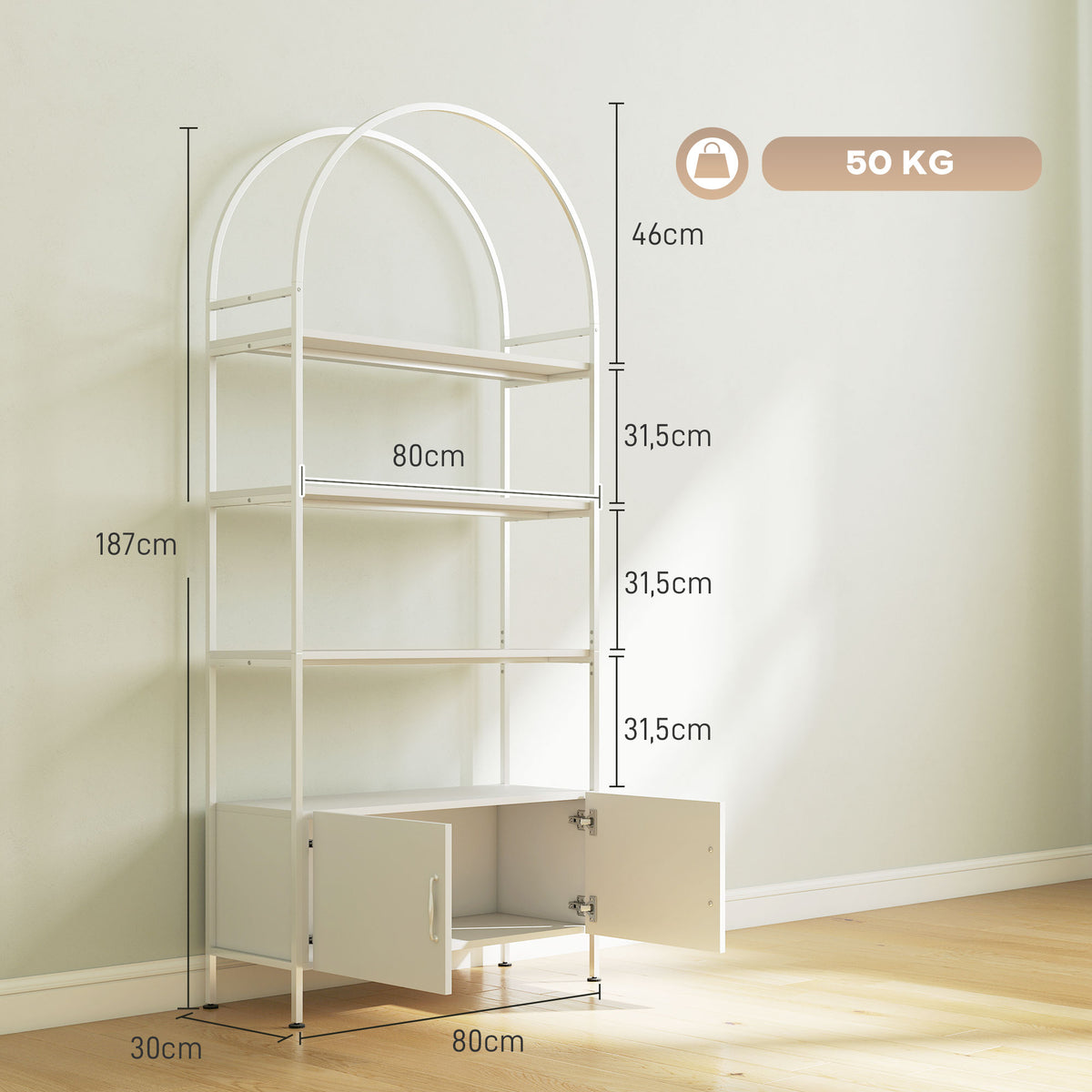 Étagère de rangement, bibliothèque arquée à 4 niveaux avec placard double porte, 80 x 30 x 187 cm, blanc