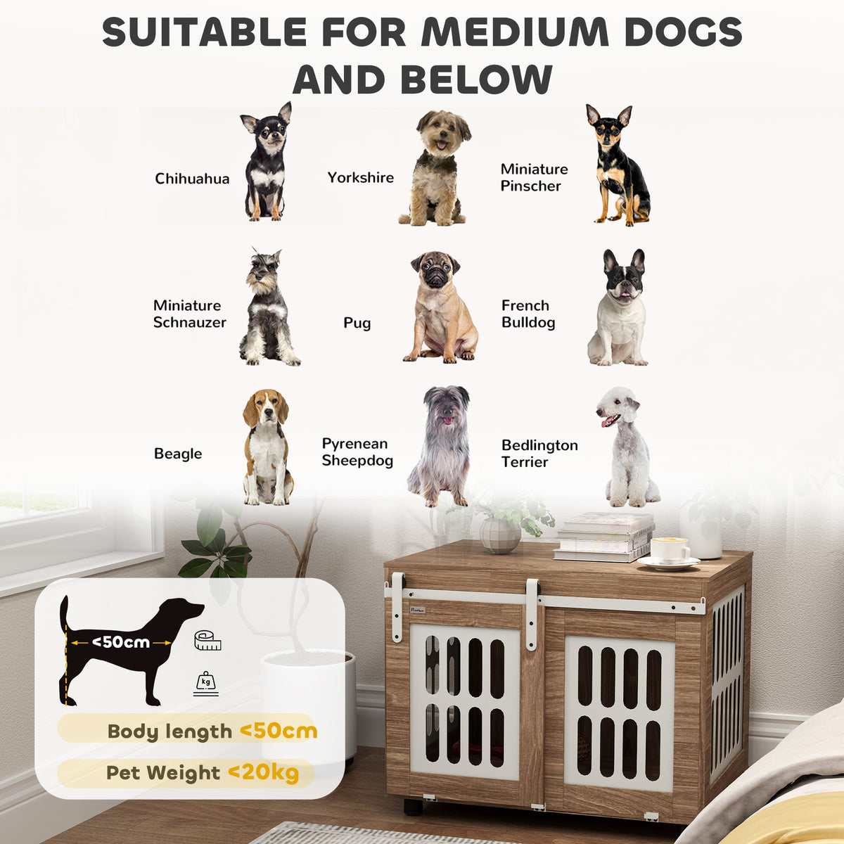 Meuble cage pour chien avec porte coulissante, maison pour chien de moyenne, table d'appoint, 80 x 59 x 63 cm, noyer