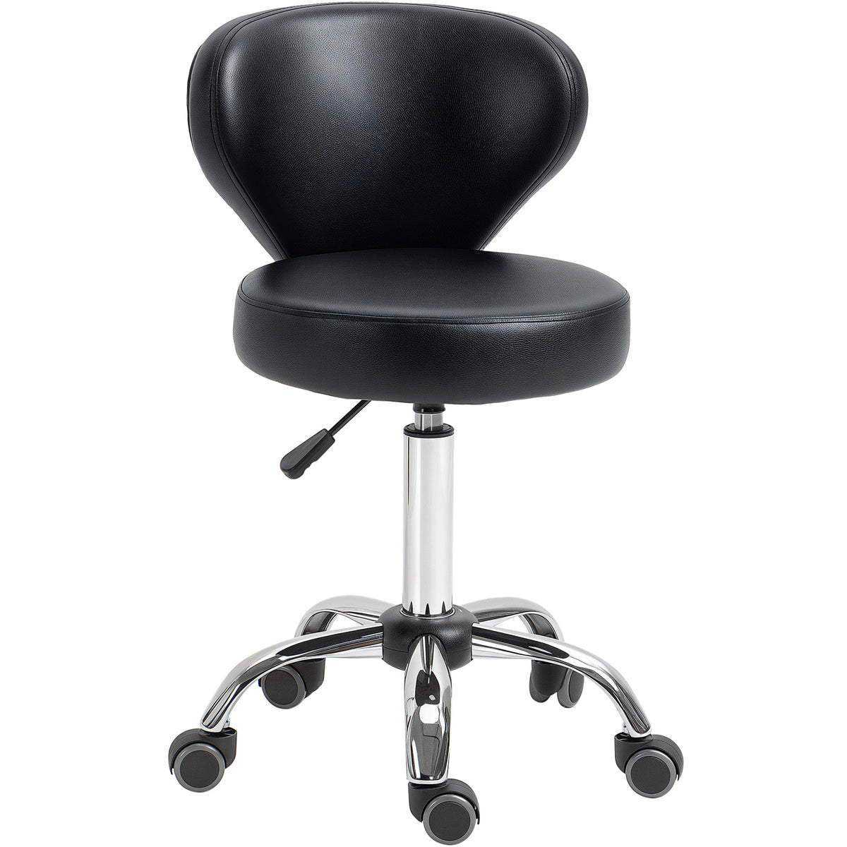 Tabouret à roulettes, tabouret de massage en PU avec hauteur réglable 73-88cm et dossier, chaise de travail pivotant 360°, cadre en acier, pour salon de massage, tatouage, clinique, spa, noir