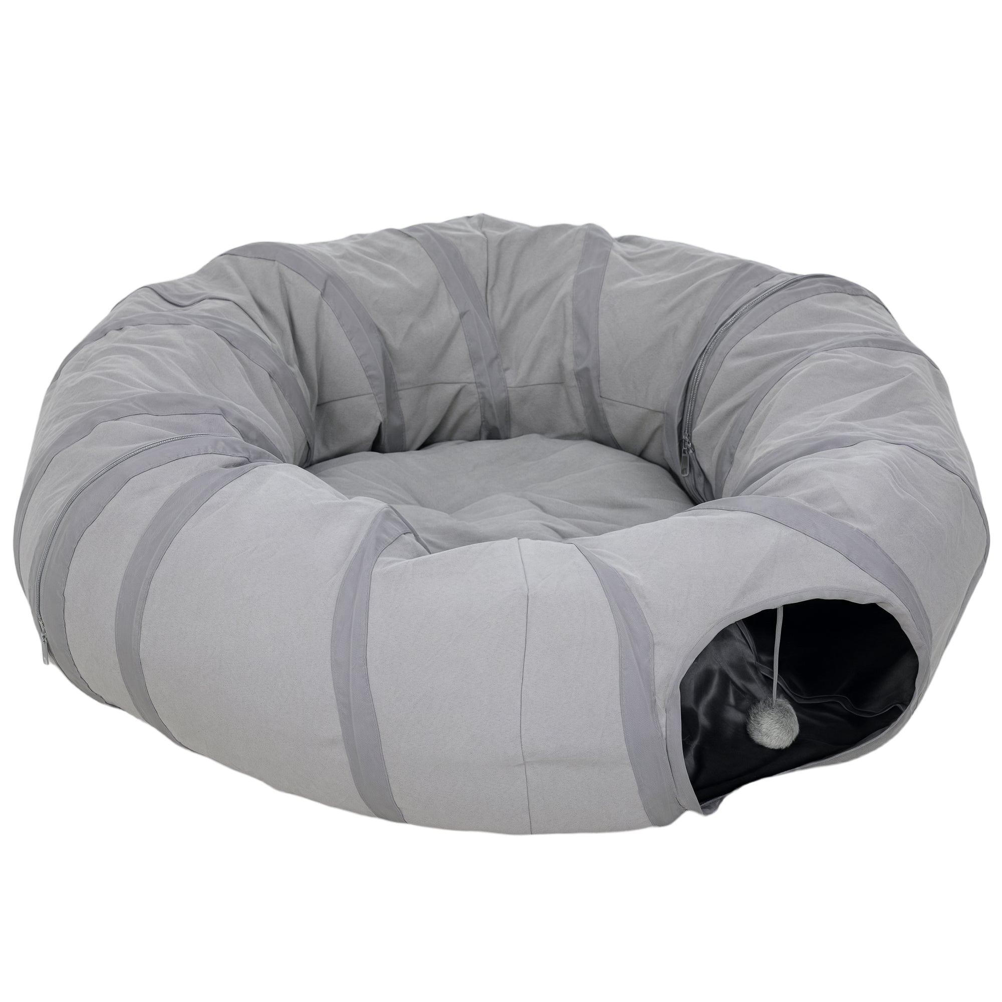 Tunnel pour chat intérieur rond tunnel avec lit et coussin, pliable, avec trous pour balles et judas, Ø 90 x 27 cm gris