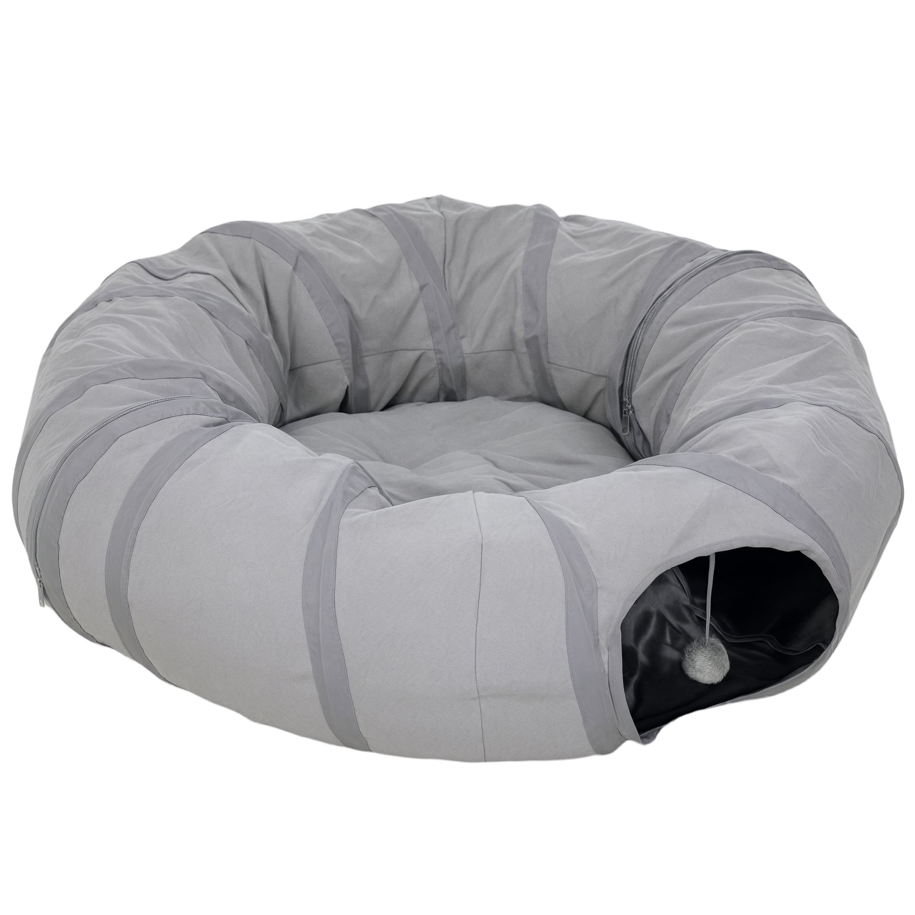 Tunnel pour chat intérieur rond tunnel avec lit et coussin, pliable, avec trous pour balles et judas, Ø 90 x 27 cm gris
