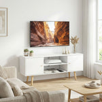 Meuble TV style scandinave 2 portes 2 niches passe-fils piètement bois pin panneaux blanc - 120 x 34 x 50 cm blanc